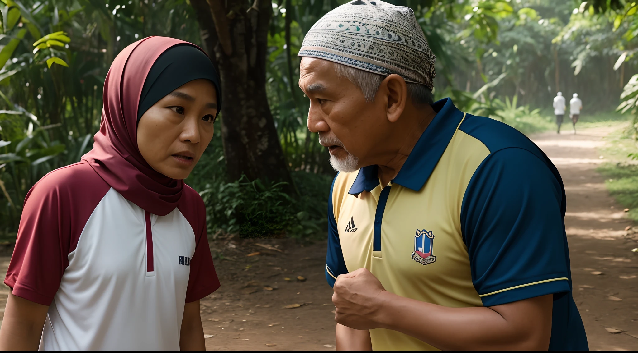 a film still of 1 malay girl in hijab and 1 malay old man in sport attire having an argument in malay village, 35mm, over-the-shoulder shot,cool-toned color grading, Deep Focus cinematography effect, Natural Lighting, high quality, ultra detail, 8k resolution,