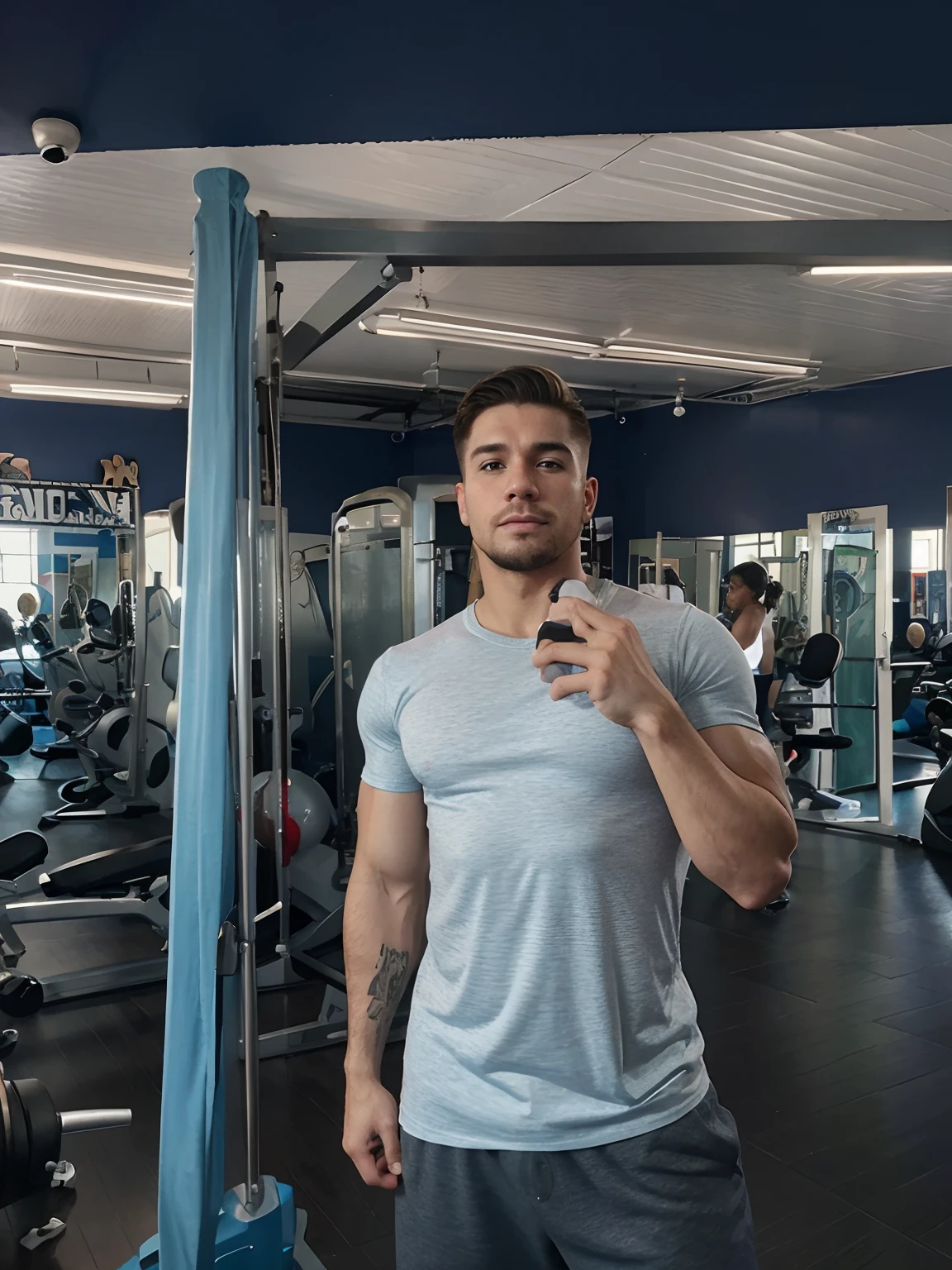 A skinny handsome guy without muscles in the gym, Natural Lighting, Prime Time, Warm and approachable mood, Clean, classic and intimate aesthetics, 8K Ultra HD, Digital SLR Camera, Soft lighting, high quality, Film Grain, Fuji XT3 1boy, , Upper Body,, (masterpiece,best quality:1.5)