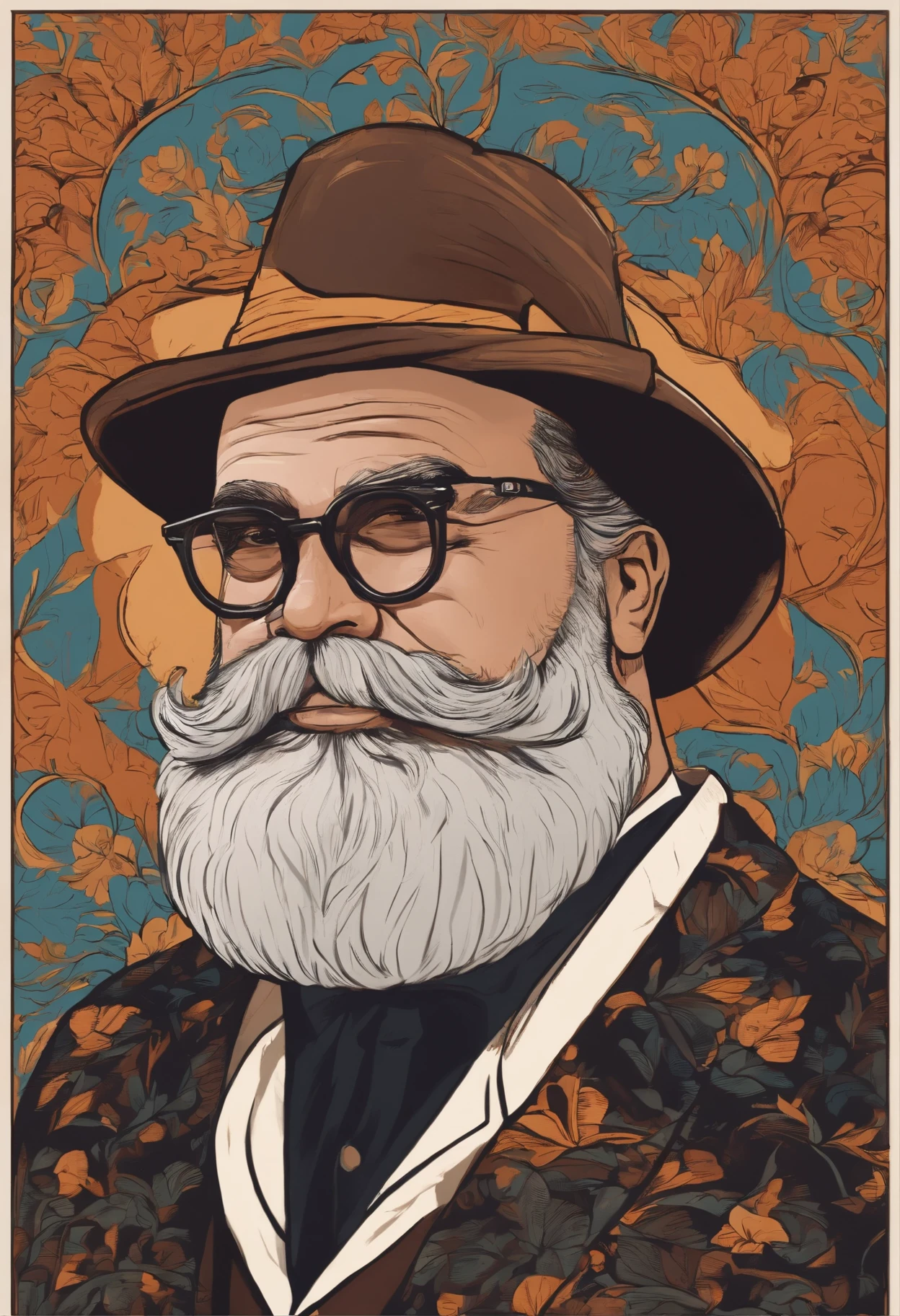 Personagem de desenho animado de um homem gordo, com barba e bigode, wearing black glasses, cor Moreno.