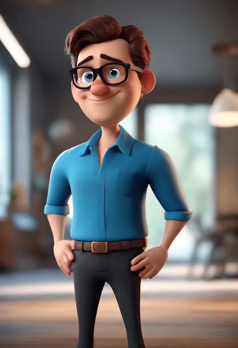 Cartoon character of a man with black glasses and a blue shirt, animation character, Caractere estilizado, animation style rendering, 3D estilizado, Arnold Maya render, 3 d render stylized, toon render keyshot, Personagem 3D, Personagem 3D, 3d rendering stylized, 3 d character render, personagem de desenho animado, Personagem de close up, Pose de personagem,  (Estilo Pixar) (master part:1.2) (Bokeh) (best quality) (pele detalhada) (textura detalhada) (8k) (argila) (Cinematic lighting) (foco nítido