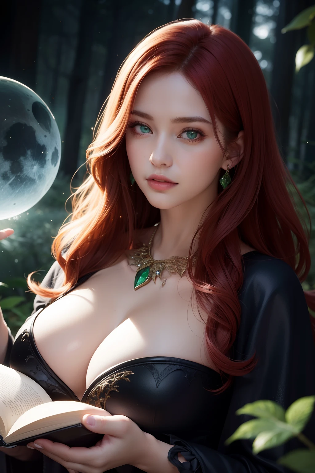 (Best Quality,hight resolution,Vivid colors),Beautiful detailed green eyes, beautiful detailed lips,Extremely detailed eyes and face,Redhead,Stunning beauty,fine complexion,,The Enchanted Forest,sorcery,Magical atmosphere,Mysterious Vibes,Floating leaves,Glowing Book of Spells,Sparkling Wand,Dark Robe,captivating gaze,Ancient knowledge,incantation,Magic potions,silhouette,Moonlit night,Sorceress in moonshine, big breastes.
