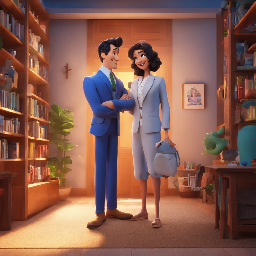 Create a Disney Pixar-inspired poster, Smiling man in blue suit and white shirt standing in a room with bookshelf behind with black hair and combed to the side