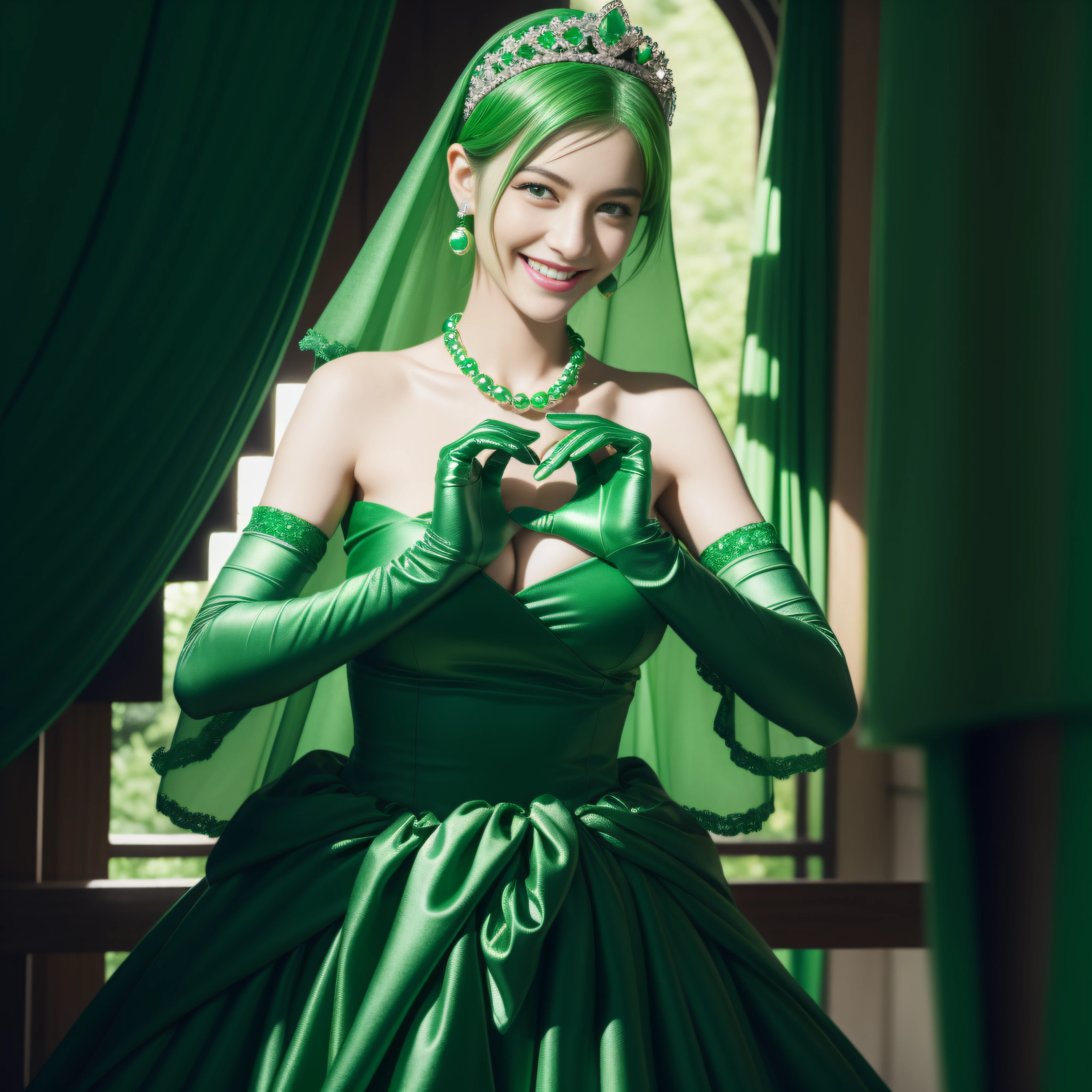 emerald tiara, Green Pearl Necklace, Boyish very short green hair, lipsticks, Japan woman smiling, very short short hair,  big breasts beautiful, Green eyes, Long green gloves made of satin material, Green eyes, Emerald Earrings, green vale, Heart with both hands,Green hair