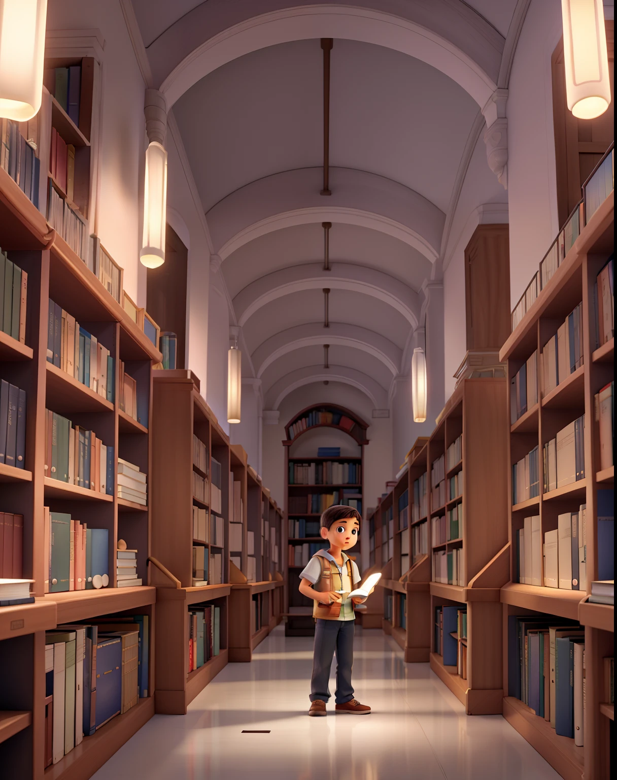 A wise boy standing in front, Illuminated by the light of a book in hand, contra o pano de fundo de uma biblioteca