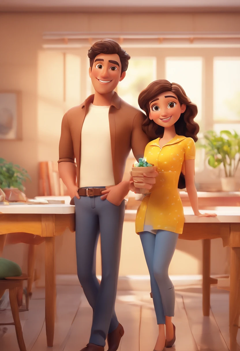 An illustration of an adorable couple, Highlight for a brunette man and a brunette woman with beautiful expressive eyes – the man's skin is brown and the man's hair is military and black, while the woman's skin is brown and the woman's hair is curly and brown. They are a bright room, cada um com um sorriso no rosto, e compartilhar um momento especial caracterizado pelo amor, Insights. Illustrate this scene from a perspective where they are facing the camera, Smiling and Showing Your Connection. Desenvolva esta arte em Full HD, Focus on your cinematic touch, Estilo Disney Pixar Animations