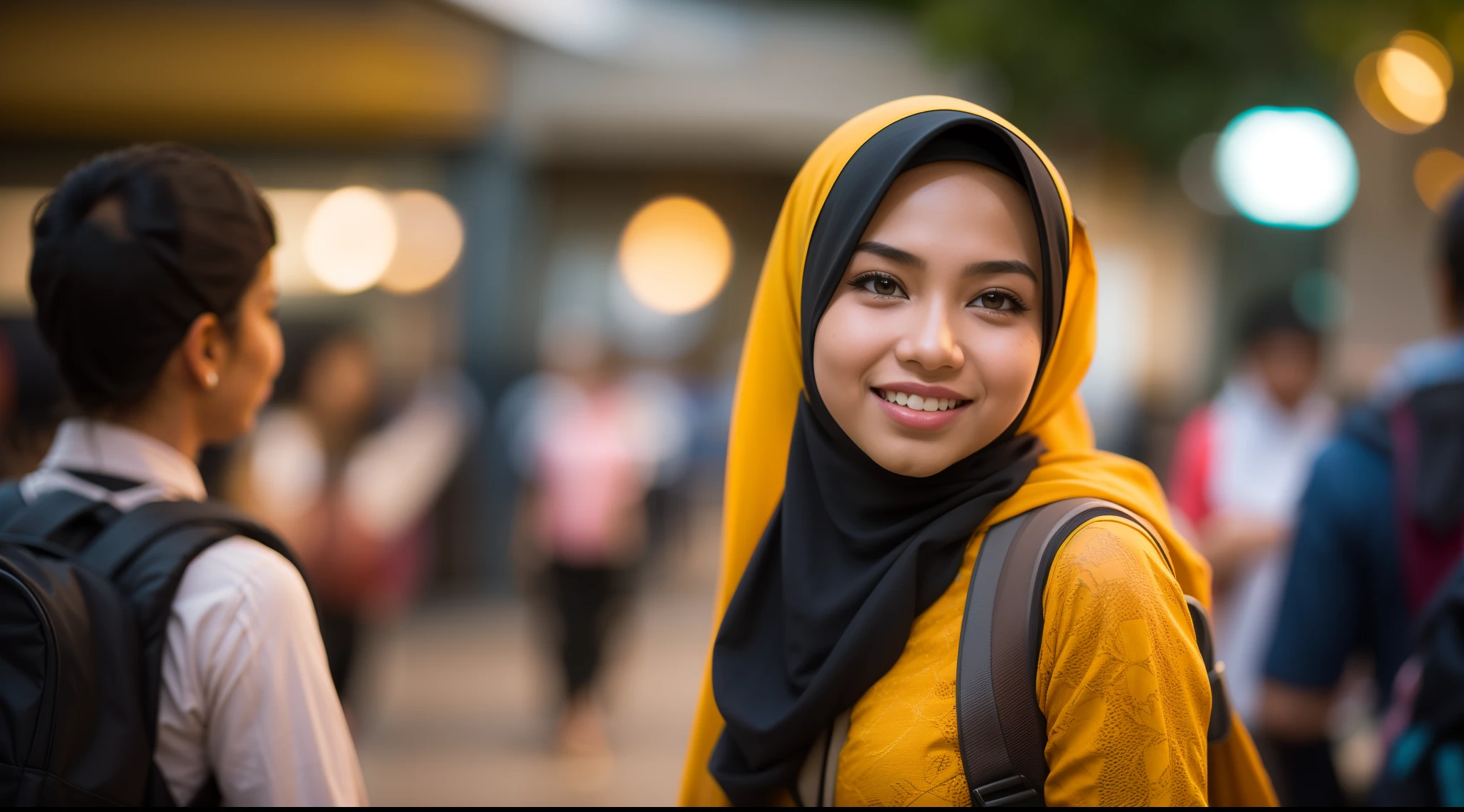 RAW, Best quality, high resolution, Arab: 1.3), Beautiful Malay woman in hijab (iu:0.8), Best quality, high resolution, Arab: 1.3, Beautiful Malay girl in hijab, Arab, Soft smile, high resolution, 4k, HDR, 1 girl, photorealistic, realistic, smiling at the viewer, close-up, Malay girl in a small floral-patterned Malaysian baju kuning hijab on campus, wearing a backpack, back view, skin detail, skin texture detail, mole under the eye, big hips, waist big, big round buttocks, big thighs, slim belly, beautiful body, evening, smiling, happy, bright lighting, student background, busy campus, blurry background, bokeh, big butt, big boob,big ass, Naked, swimming trunks,