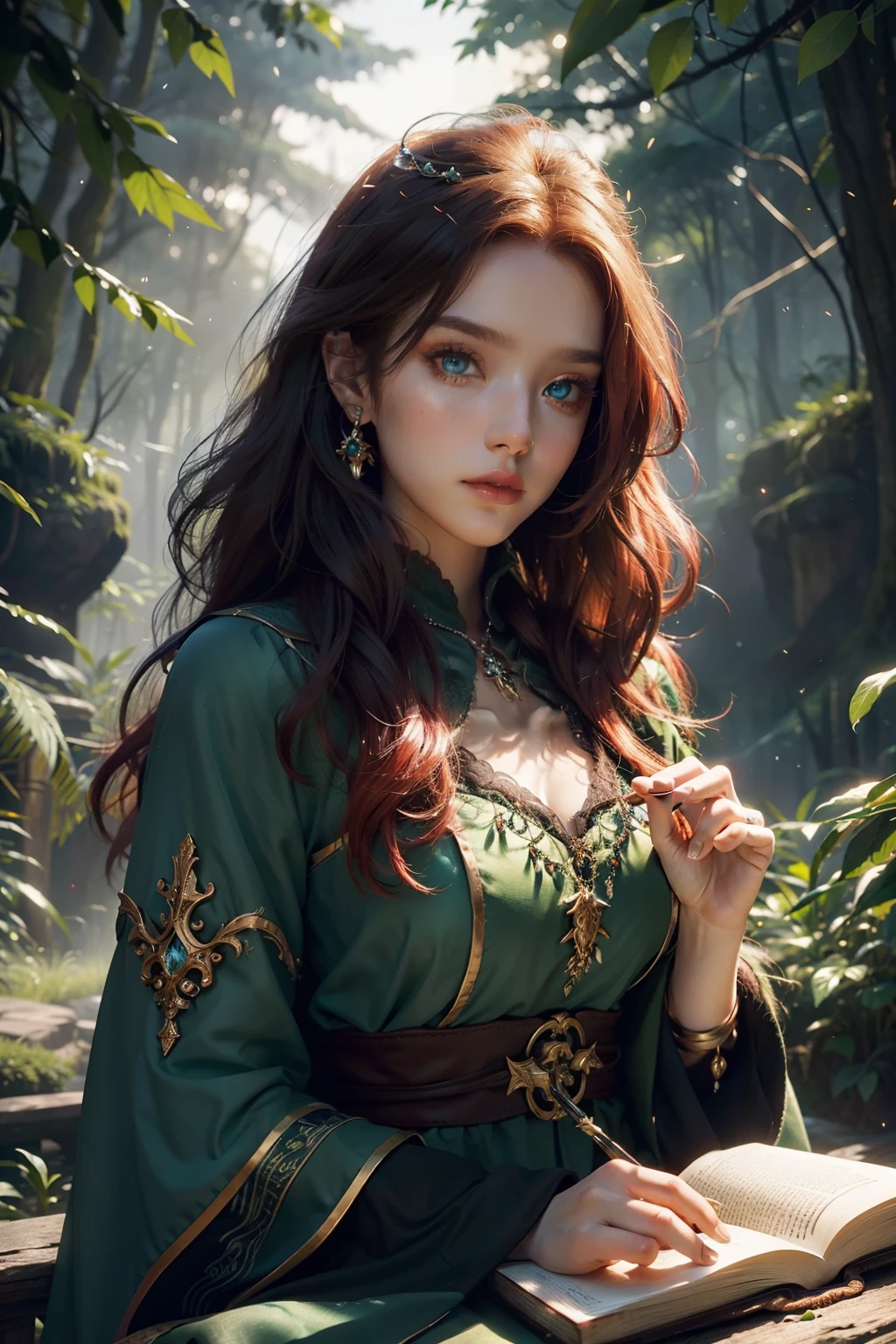 (Best Quality,hight resolution,Vivid colors),Beautiful detailed green eyes, beautiful detailed lips,Extremely detailed eyes and face,Redhead,Stunning beauty,fine complexion,,The Enchanted Forest,sorcery,Magical atmosphere,Mysterious Vibes,Floating leaves,Glowing Book of Spells,Sparkling Wand,Dark Robe,captivating gaze,Ancient knowledge,incantation,Magic potions,silhouette,Moonlit night,Sorceress in moonshine