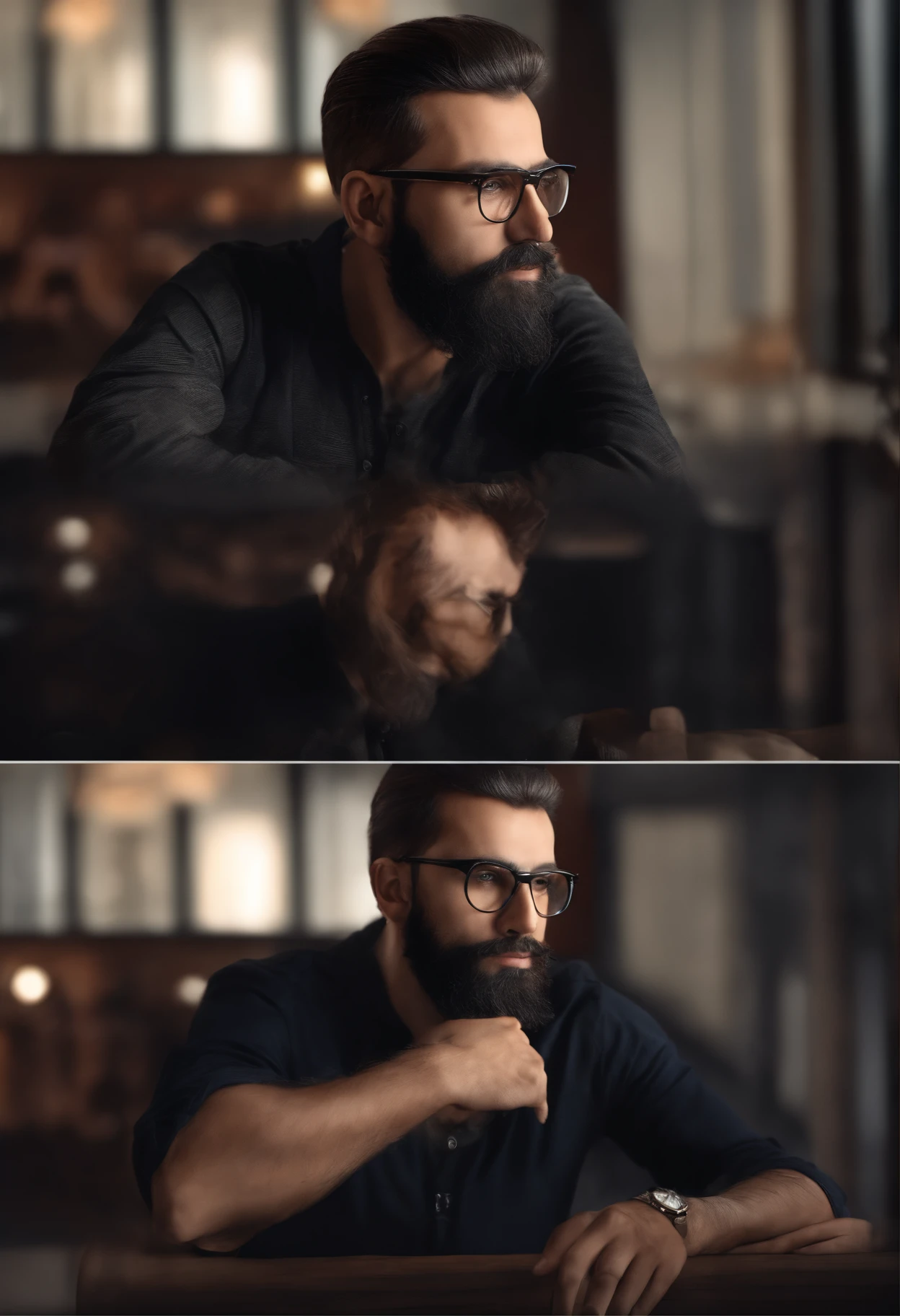 Arab bearded man with glasses and beard wearing a black shirt, Retrato VFX altamente detalhado, 8k portrait render, with glasses and goatee, hyper real render, hyper realistic render, hyperrealistic rendering, hyper - realistic render, retrato de ultra realista, foto retrato realista, retrato fotorrealista, Cinematic realistic portrait, realistic studio portrait, semi-realistic rendering