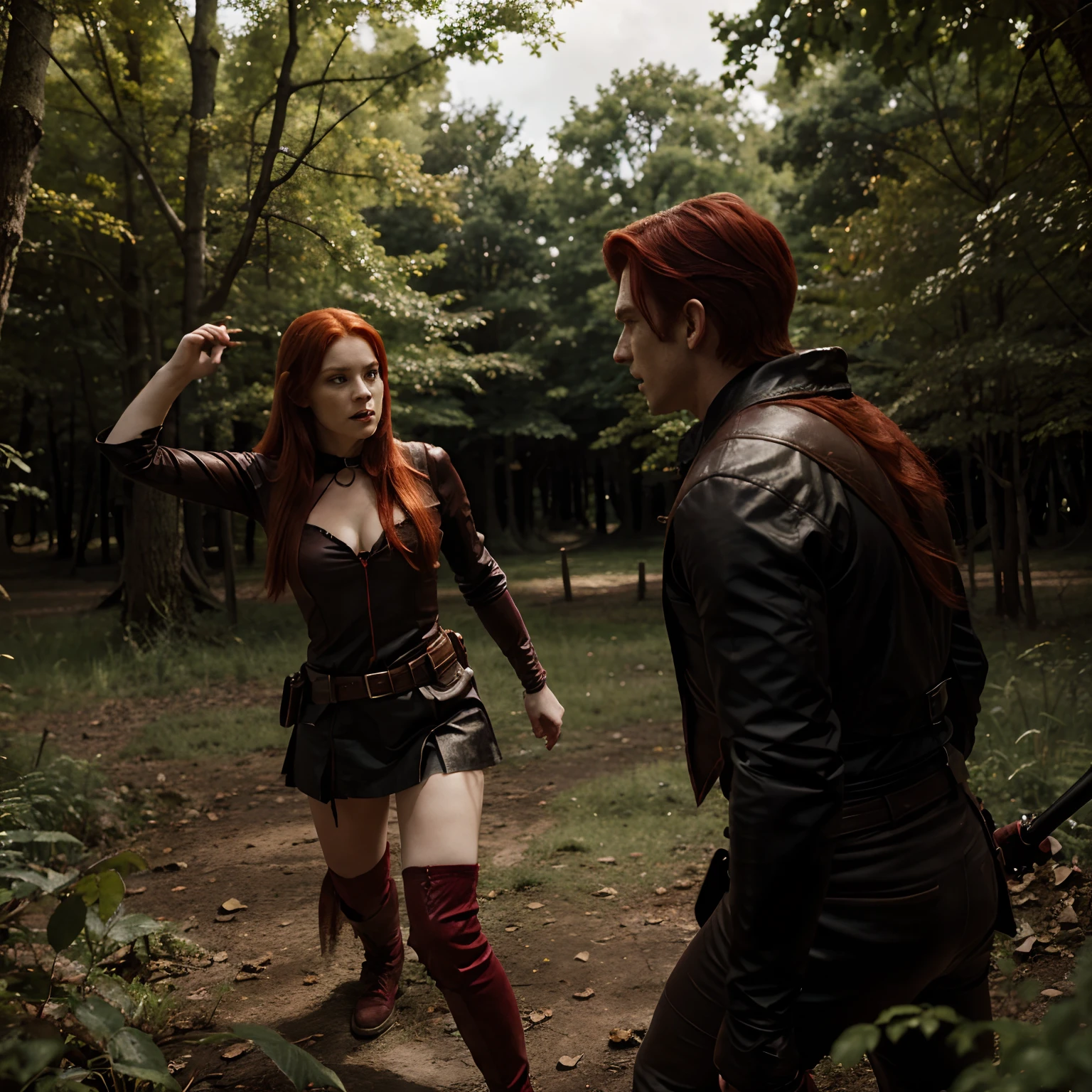A red-haired vampire fights with a hunter in the forest against the background of the castle