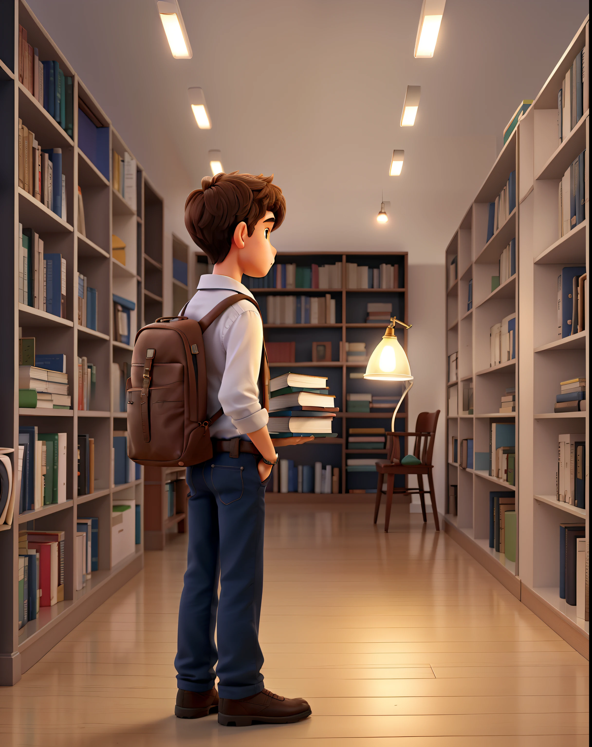 A wise boy standing in front, Illuminated by the light of a book lamp , contra o pano de fundo de uma biblioteca