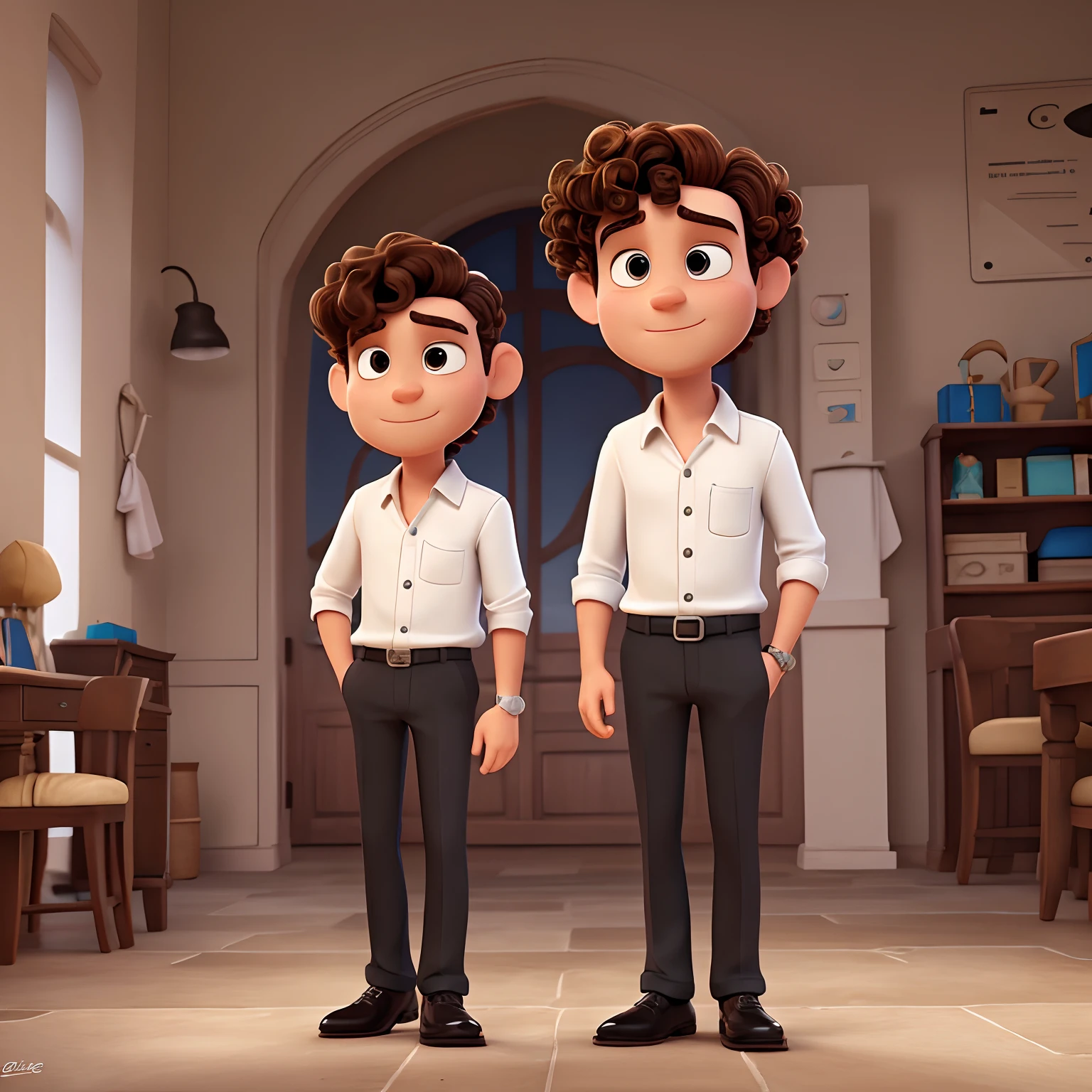 Pixar image: light brunette man, curly hair, square face, white shirt, black pants and black dress shoes, silver watch