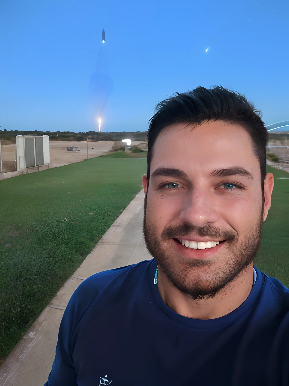 personagem masculino usando roupa azul com detalhes verdes neon, Sitting on a rocket taking flight through the Milky Way