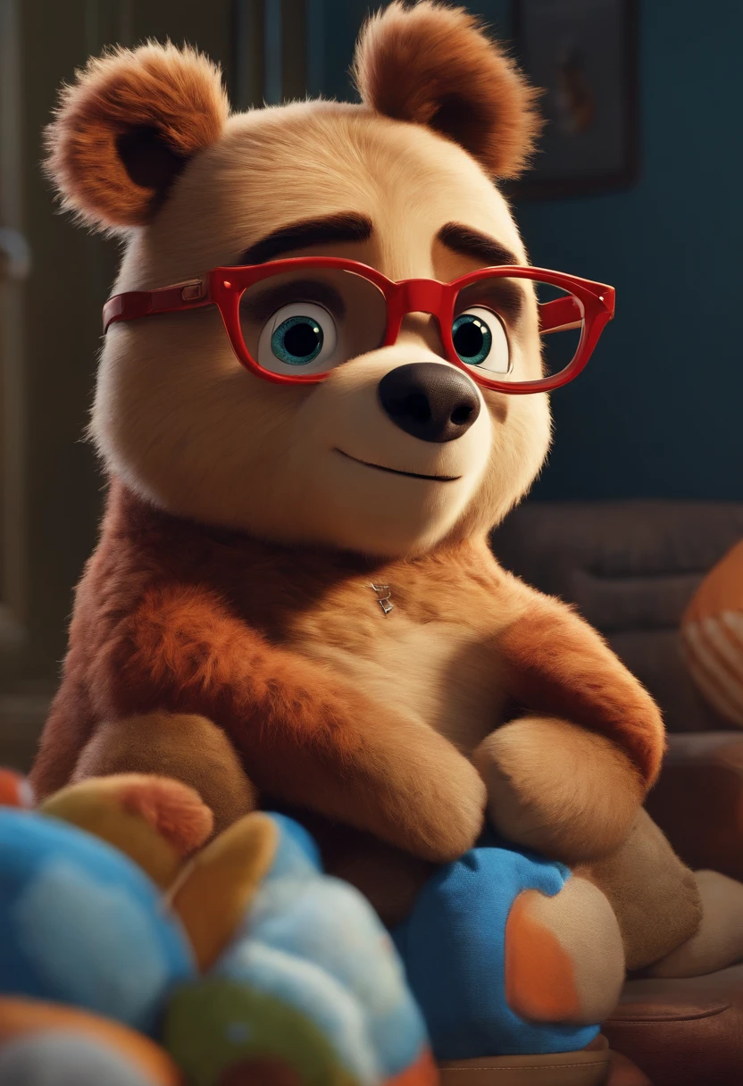 Menino estilo desenho animado, Pixar, wearing round glasses, segurando um urso de pelucia, roupa de escoteiro,