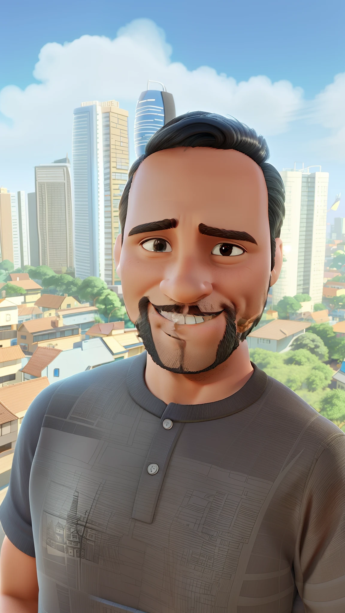 homem na varanda, cabelo preto curto, City buildings in the background, Estilo Disney Pixar, 3 d animation