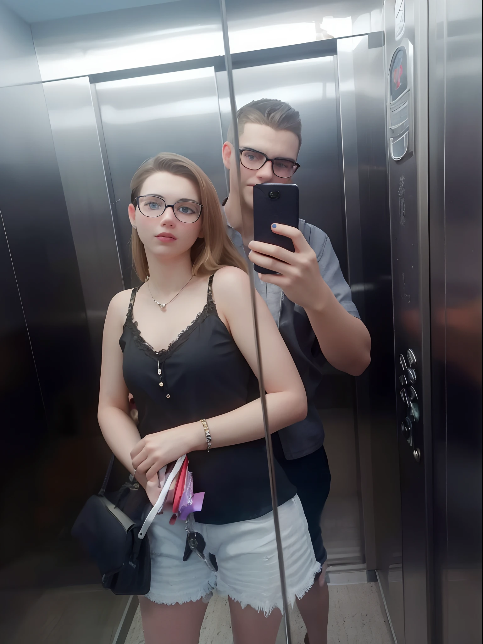 European 30-year-old couple, she has pink short hair, nude, she has perfect tits, he has perfect penis, balcony, hyperrealist, 32k, Masterpiece