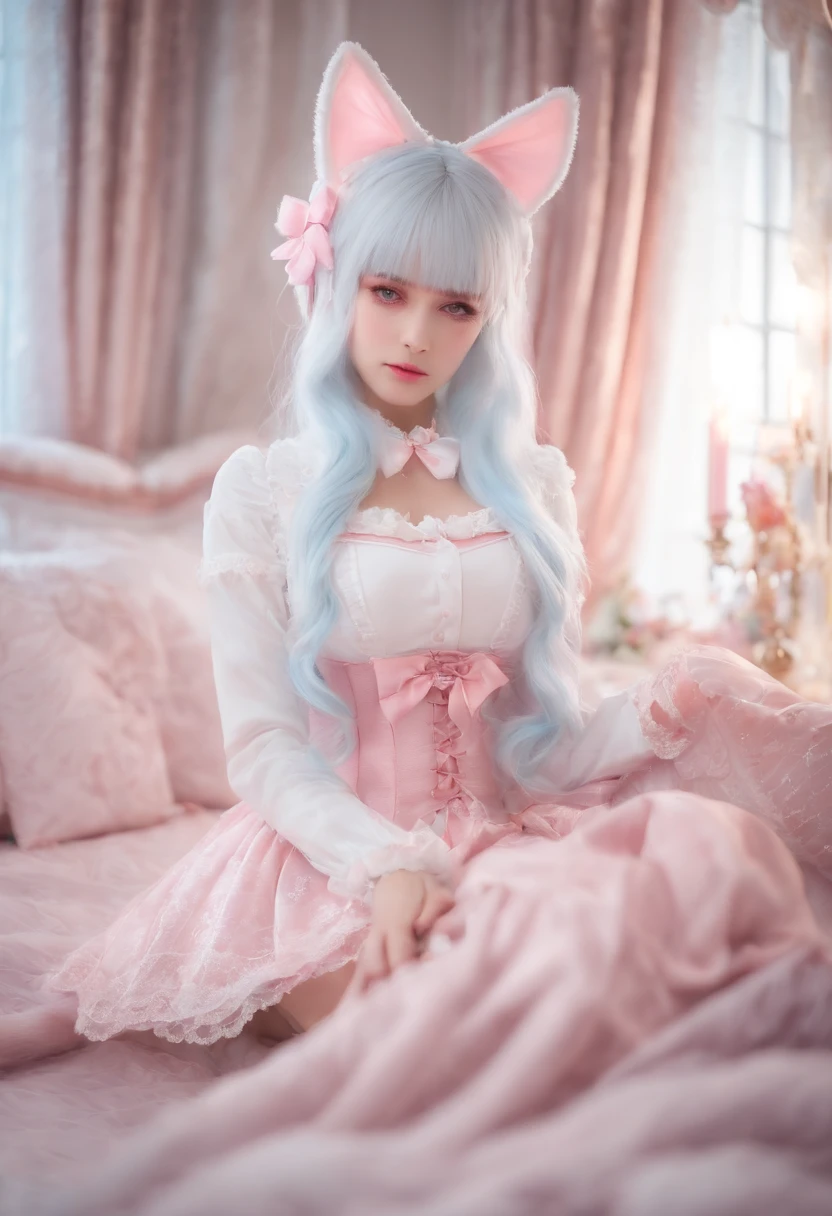 White hair，Cat's ears，Pink eyes，Light blue Lolita，White tights，pink bows，inside in room，kneeing on bed