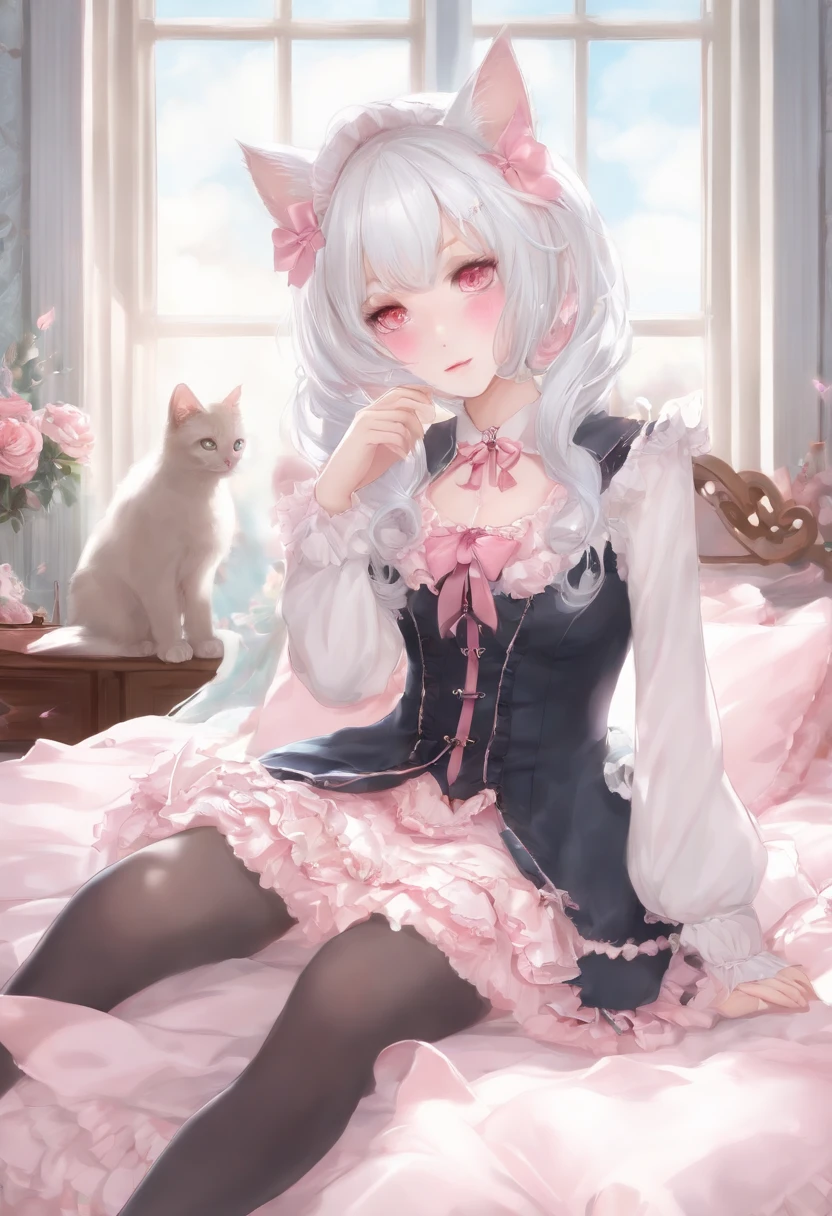 White hair,Cat's ears,Pink eyes,Light blue ta,White tights,pink bows,inside in room,kneeing on bed