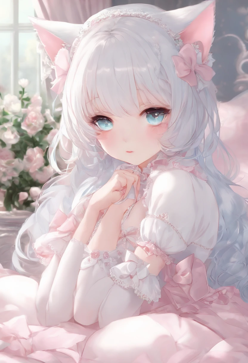 White hair,Cat's ears,Pink eyes,Light blue Lolita,White tights,pink bows,inside in room,kneeing on bed