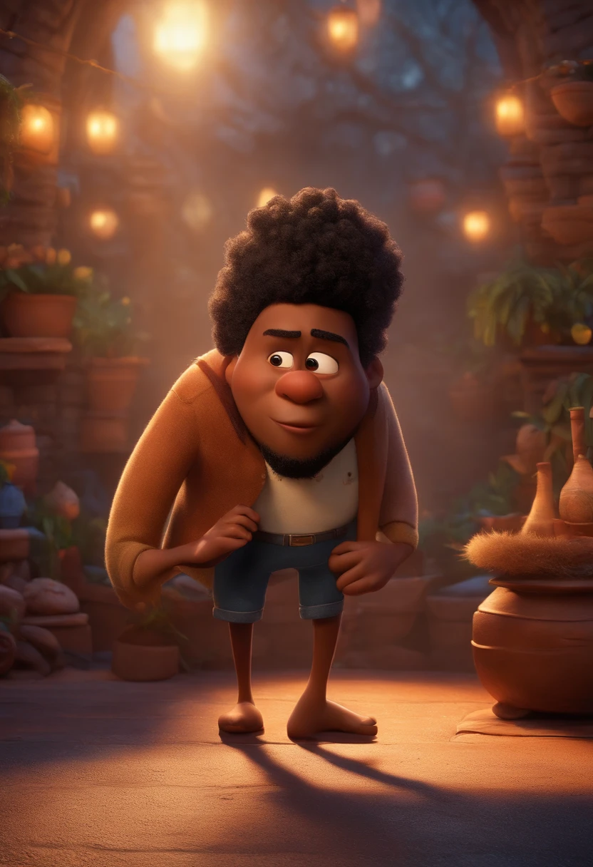 a Disney Pixar movie poster showing a 26-year-old man, cabelo liso na cor preto, pele parda, com sobrancelhas grossas, barba cheia e olhos pretos escuros. 3D-rendering