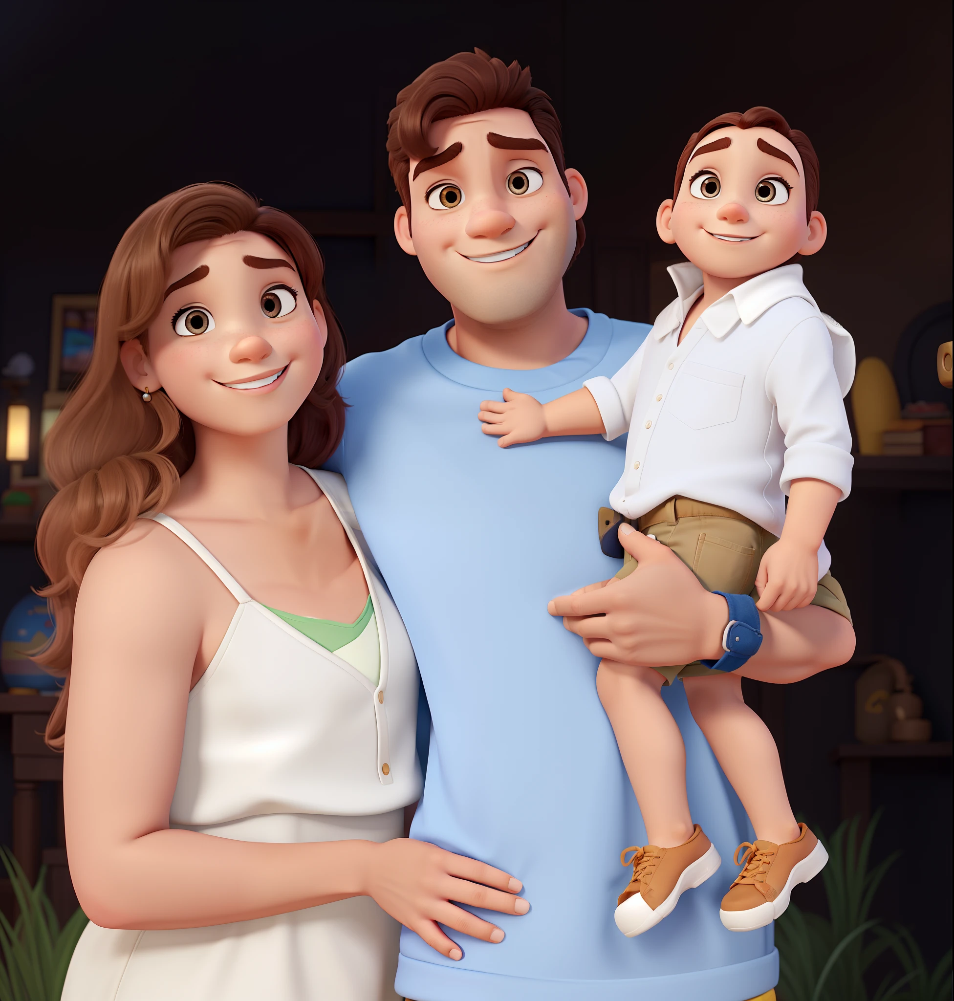 Um homem, A child and a woman in the style of Disney Pixar, alta qualidade, melhor qualidade
