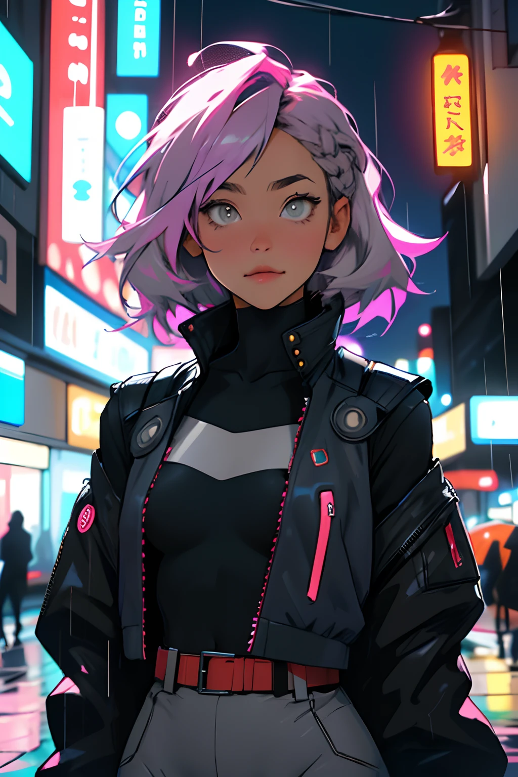 portrait, 1 girl, beautiful face, asymmetrical hair, multi-colored hair, belt, bodysuit, covered mouth, covered navel, detached sleeves, grey eyes, hip vent, open jacket, cute, look at viewer, night city, neon, rainy,