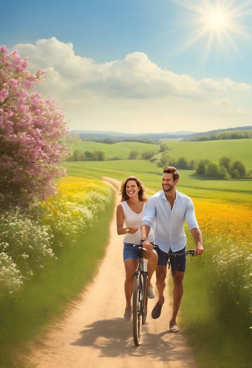 (highres,photorealistic:1.2),man and woman standing side by side on a dirt road,joyful,cycling!!,beautiful sunny day,happy couple,enjoying the outdoors,picturesque landscape,green fields,blooming flowers,clear blue sky,gentle breeze,smiling faces,energetic movement,fresh air,exercise,healthy lifestyle,harmonious colors,soft natural lighting