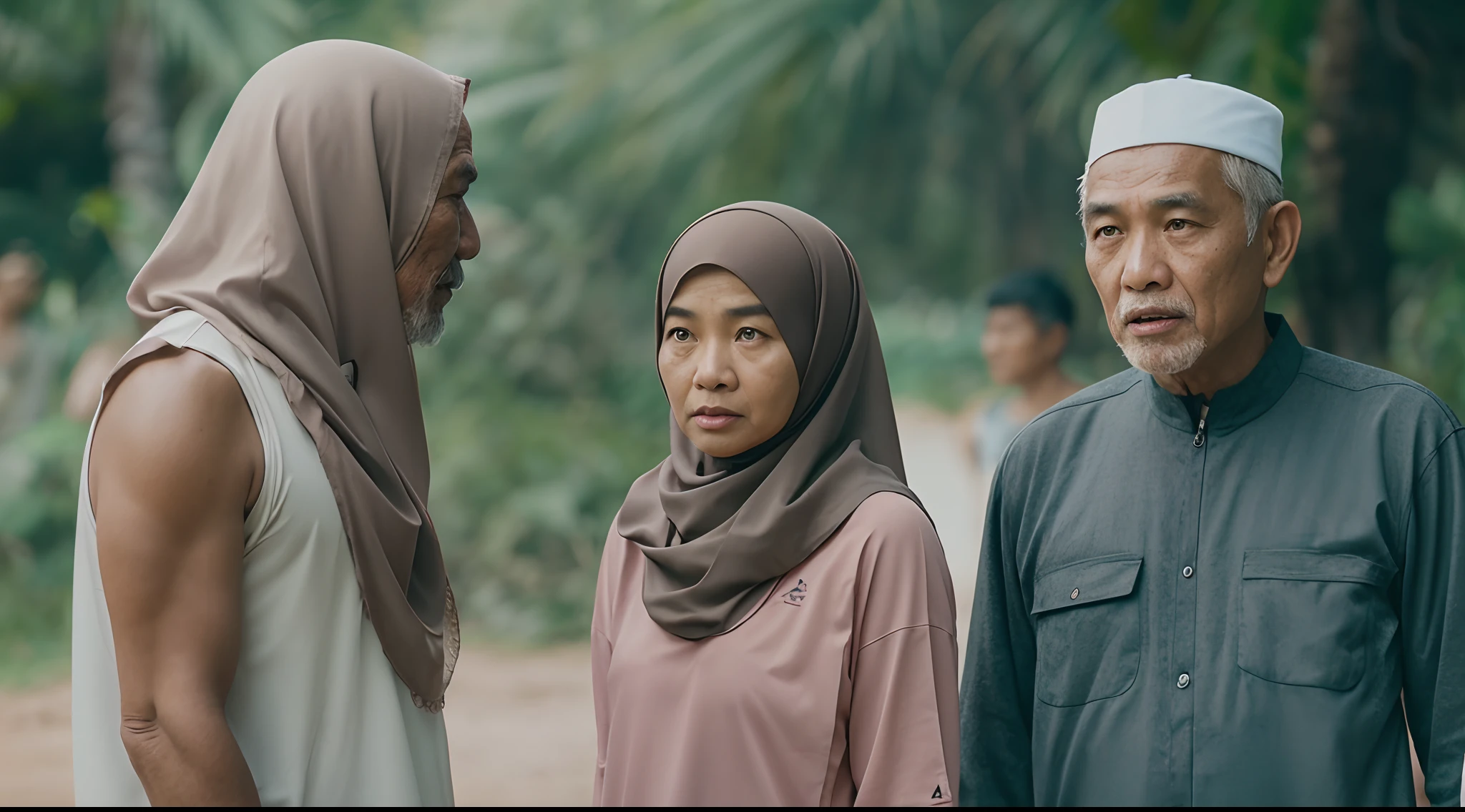 a film still of 1 malay girl in hijab and 1 malay old man in sport attire having an argument in malay village, 35mm, over-the-shoulder shot,cool-toned color grading, Deep Focus cinematography effect, Natural Lighting, high quality, ultra detail, 8k resolution,