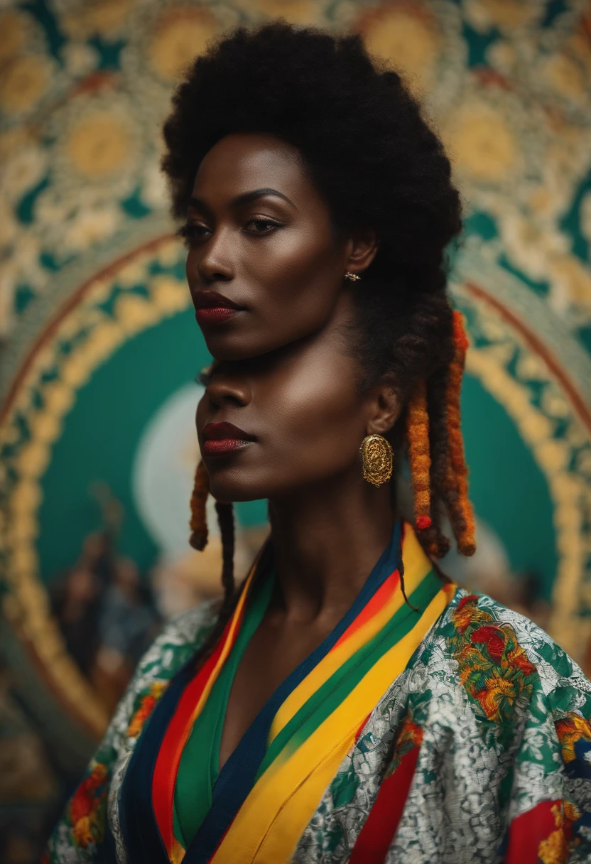 Mulher negra de rastafari, com homem negro careca de kimono de jiu jitsu