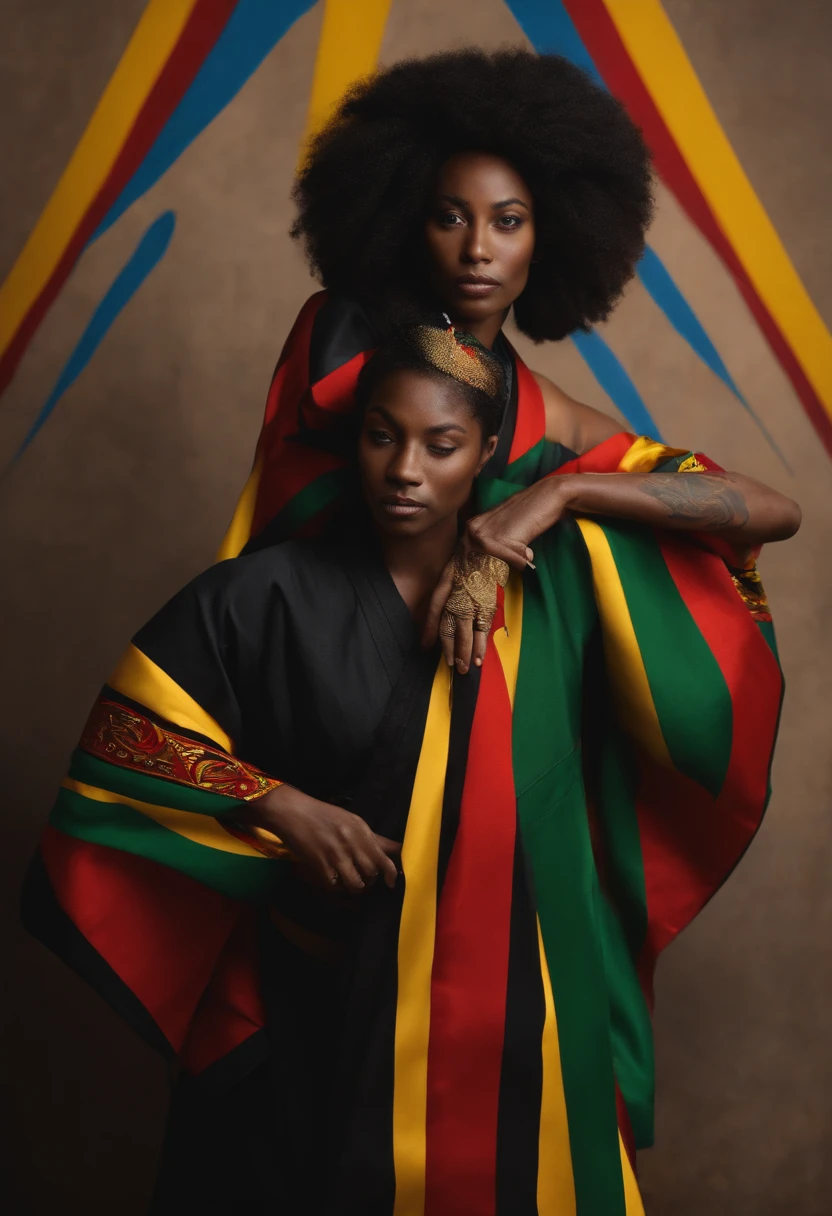 Mulher negra de rastafari, com homem negro careca de kimono de jiu jitsu