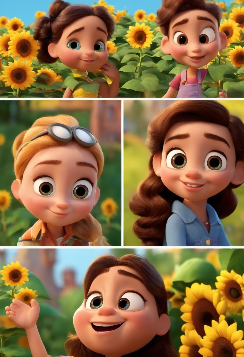 Create a Disney PIXAR-style 3D poster. ((centro da imagem, Triplets)), ((3 children)) ((1 menino no meio e 2 meninas ao lado, They're hugging each other, O menino tem pele castanha e cabelos castanhos escuros e olhos castanhos escuros, 1 menina tem pele clara, olhos e cabelos escuros e cacheados, e a outra menina tem pele morena, olhos escuros e cabelos escuros e lisos)) ((tudo isso no estilo Disney PIXAR 3D, In the background, A house of sunflowers, Gloria Studio, The garden is full of nature 3D render RTX clay material, estilo de design cartunesco, POP Mart, soft lighting, linhas suaves, Spring tilt, Detailed illustrations of PIXAR 3D, Detalhes hiper-realistas, cor quente no estilo Disney PIXAR 3D))