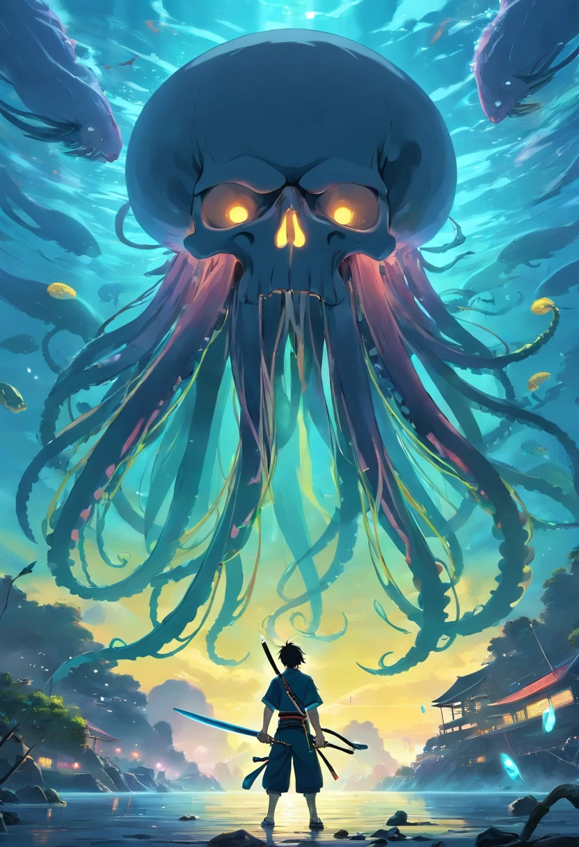 Skull Head Man, roupa preta e amarela segurando uma espada samurai, Facing a giant jellyfish, full of tentacles, apocalyptic scenery, Ultra resolution, Sharp 300DPI 16k image
