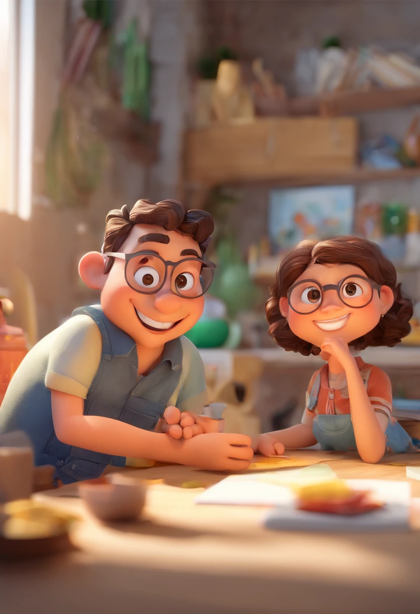 "An illustration of an adorable couple, apresentando um alegre, rechonchudo, Homem branco gordo co barba de blusa social e uma mulher de pele branca com belos olhos, a frente de uma linda casa amarela. O homem tem pele branca e cabelos lisos curtos na cor castanha, enquanto a mulher tem pele branca e cabelos pretos estilo pixar
