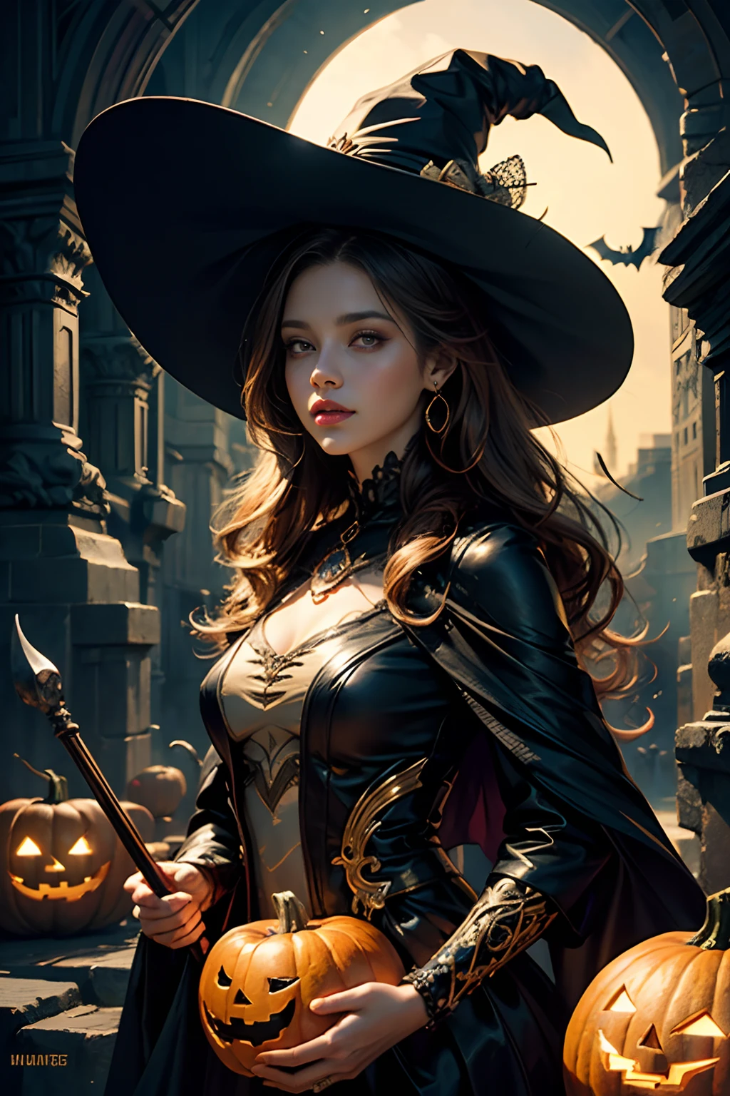 a painting of a woman with a long hair and a swirly hair, Halloween witch dress (see through), golden adornments, carrying a spear of light, lighting and fire, golden hour, pumpkins and bats everywhere, digital art inspired by Cyril Rolando, trending on cg society, fantasy art, jen bartel, digital art fantasy, colorful digital fantasy art, gorgeous digital art, beautiful art uhd 4 k, digital art fantasy art, exquisite digital illustration, beautiful digital artwork, stunning digital illustration