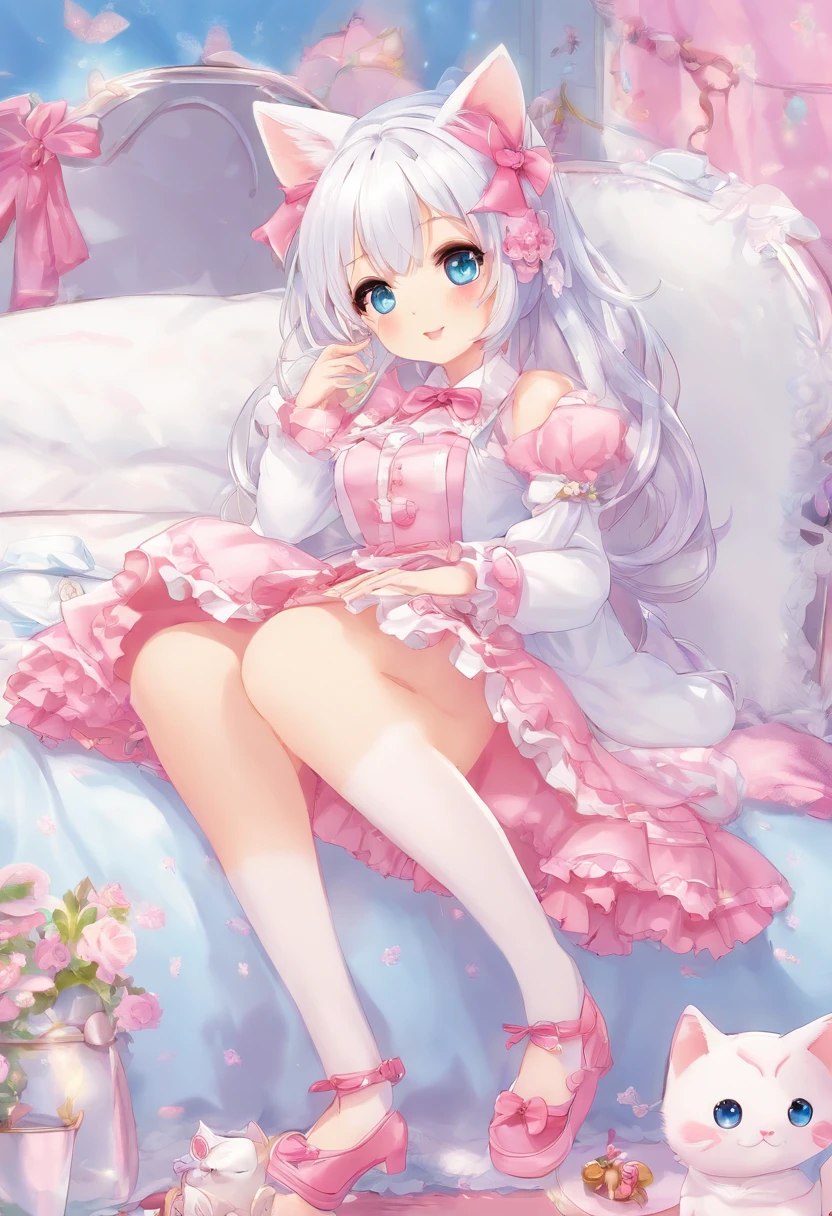 White hair,Cat's ears,Pink eyes,Light blue Lolita,White tights,pink bows,inside in room,kneeing on bed