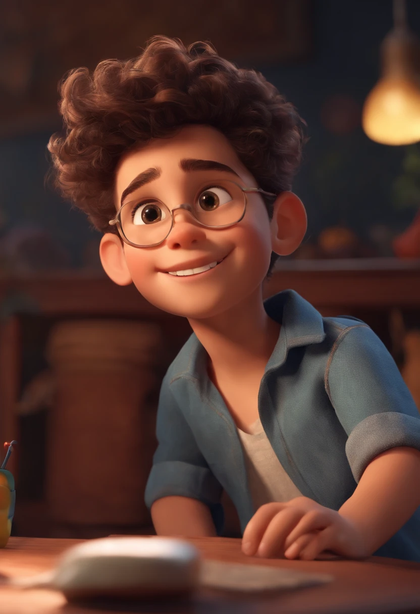 Image of a boy for a story in a YouTube video in Pixar format, He's the  allabester, He's the class leader, He's outgoing, Playful and gets up for a lot of things, cabelo curto