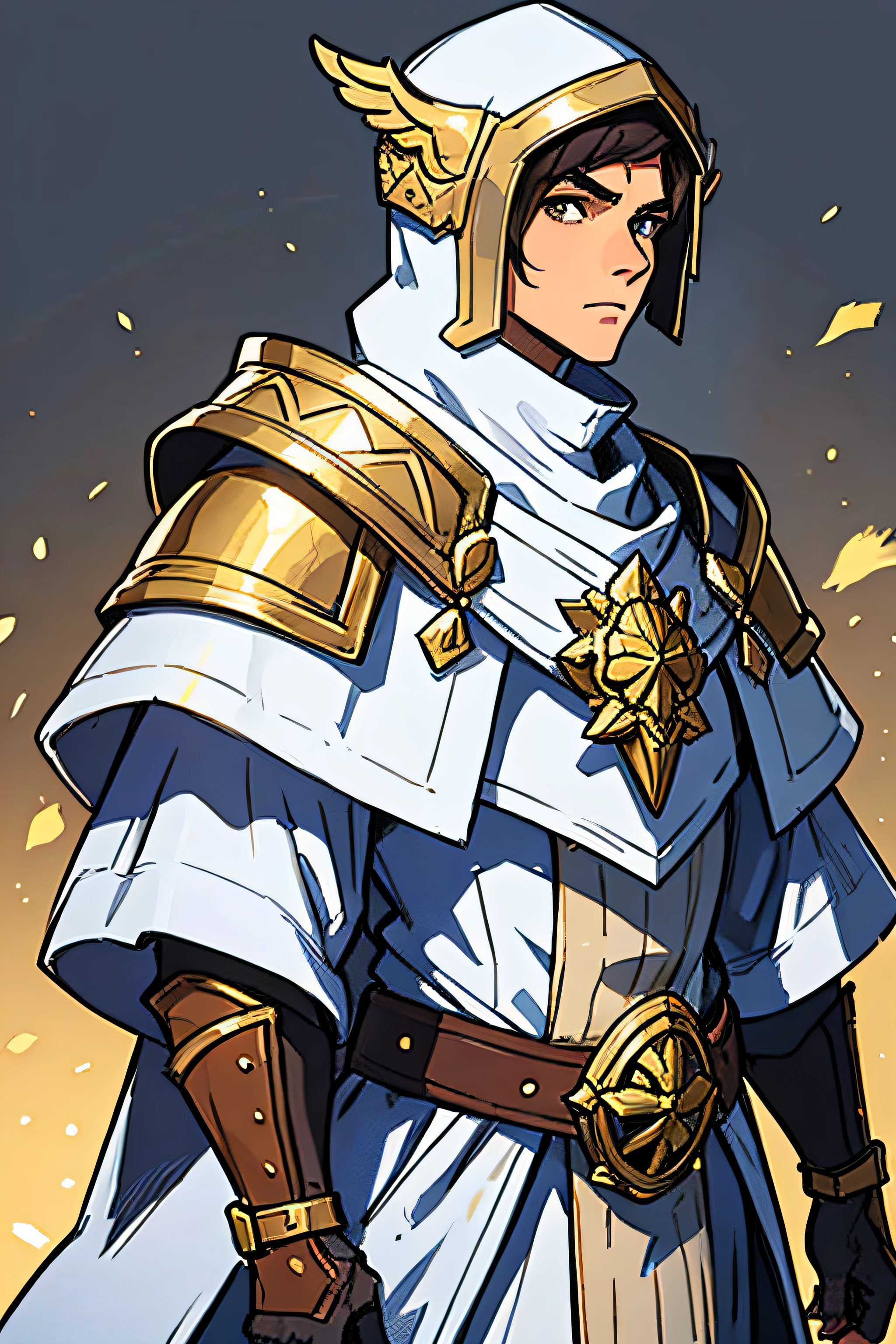 A young man in a white and gold outfit standing in front of a gray background, intrincada armadura branca e dourada, armadura branca e dourada ornamentada, armadura branca e dourada pesada, vestes branco-douradas, dressed like a cleric, vestes ornamentadas, ornate flowing robes, traje ornamentado, Capa dourada e branca, picture of a male cleric, armadura branca detalhada, intrincada armadura branca