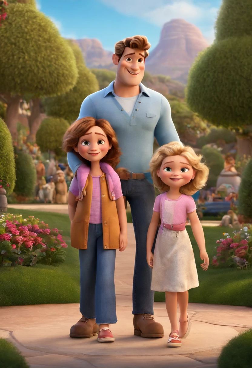 a Disney Pixar movie poster showing a white-skinned family. The father is the tallest, Tem barba curta, loiro, cabelos curtos e usa um casaco acolchoado de frio na coir azul escuro. The mother has brown eyes and hair, Below the shoulders he wears a pink jacket and light jeans and sneakers. The boy is 4 , he is blond, cabelos curtos e olhos azuis e usa calca comprida de cor bege e um casaco colorido. the background is a park. 3D-rendering