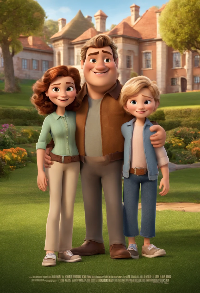 a Disney Pixar movie poster showing a white-skinned family. The father is the tallest, Tem barba curta, loiro, cabelos curtos e usa um casaco acolchoado de frio na coir azul escuro. The mother has brown eyes and hair, Below the shoulders he wears a pink jacket and light jeans and sneakers. The boy is , he is blond, cabelos curtos e olhos azuis e usa calca comprida de cor bege e um casaco colorido. the background is a park. 3D-rendering