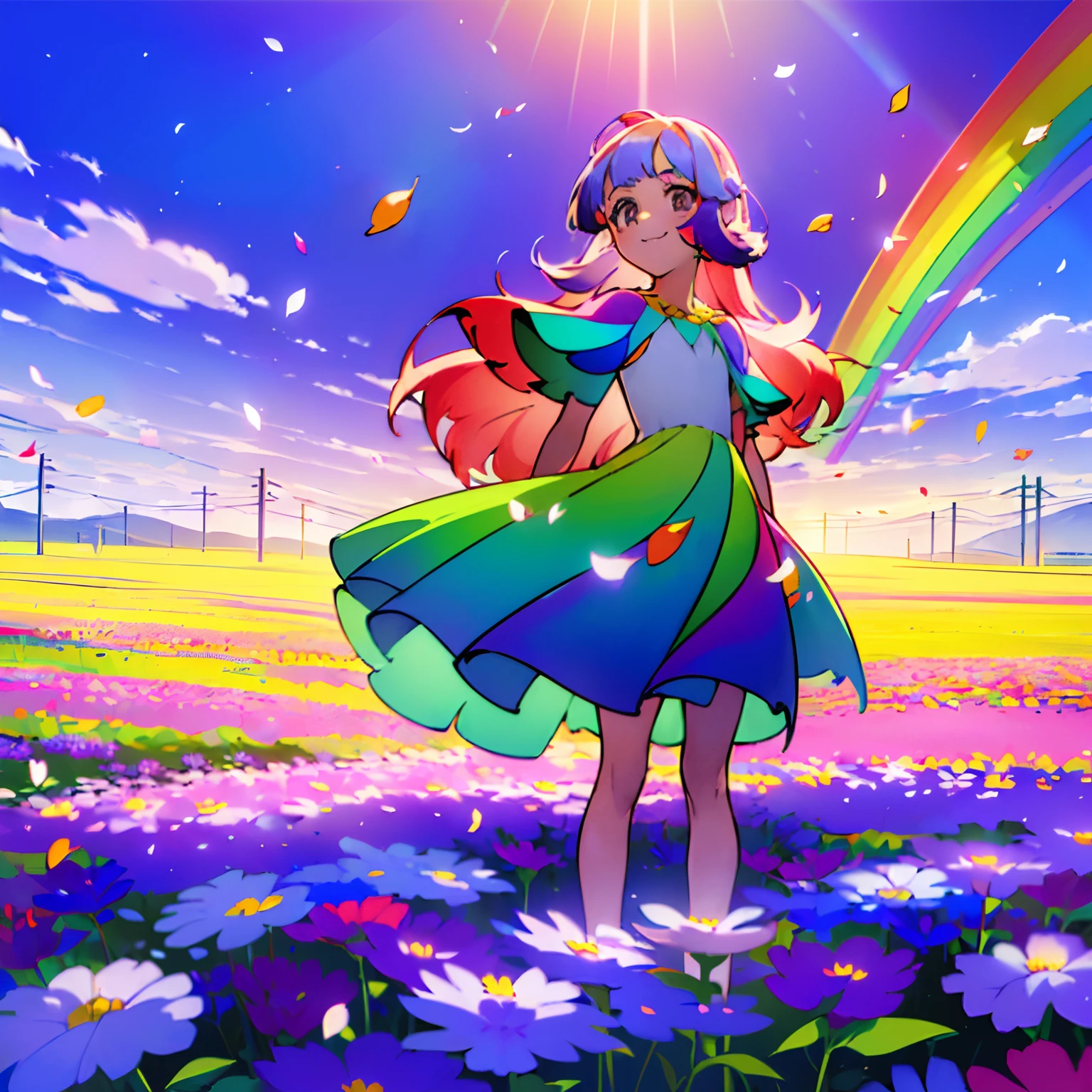 ((Masterpiece, bright coloring, miniature girl, flower field, daytime, diffused light, tiny)), loli anime girl standing on a flower, fairy girl, ((rainbow colored hair, long hair, flower hair, petals hair, petals, white eyes)), smiling, flower petal dress, ((short dress)), clouds, sunlight, multicolored dress, barefoot