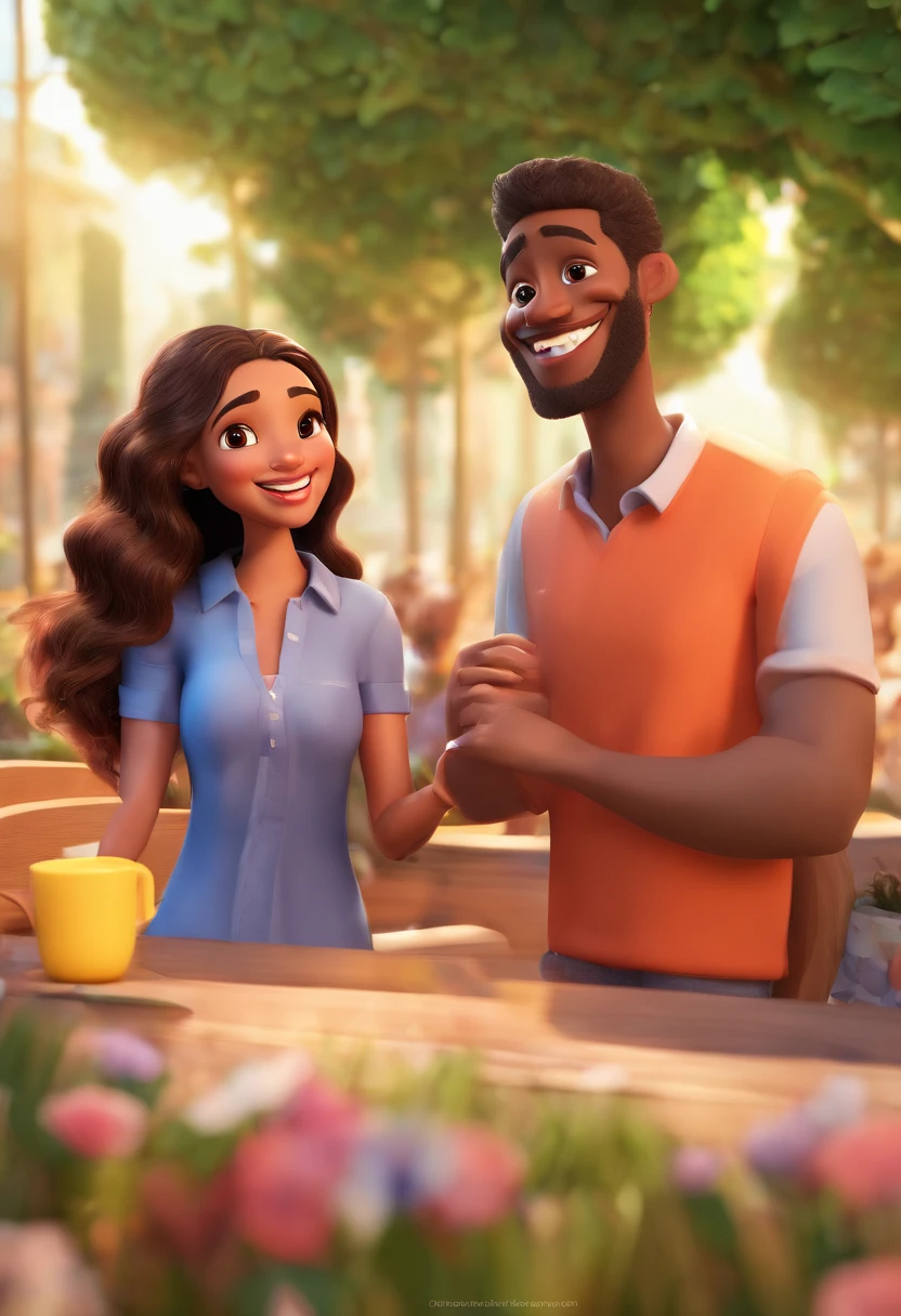 An illustration of an adorable couple, Destaque para um homem mulato, Smiling and a brunette woman with beautiful expressive eyes - the man's skin is mulatto and the man's hair has, while the woman's skin is black and the woman's hair is straight and black. They are a bright room, cada um com um sorriso no rosto, e compartilhar um momento especial caracterizado pelo amor, Insights. Illustrate this scene from a perspective where they are facing the camera, Smiling and Showing Your Connection. Desenvolva esta arte em Full HD, Focus on your cinematic touch, Estilo Disney Pixar Animations