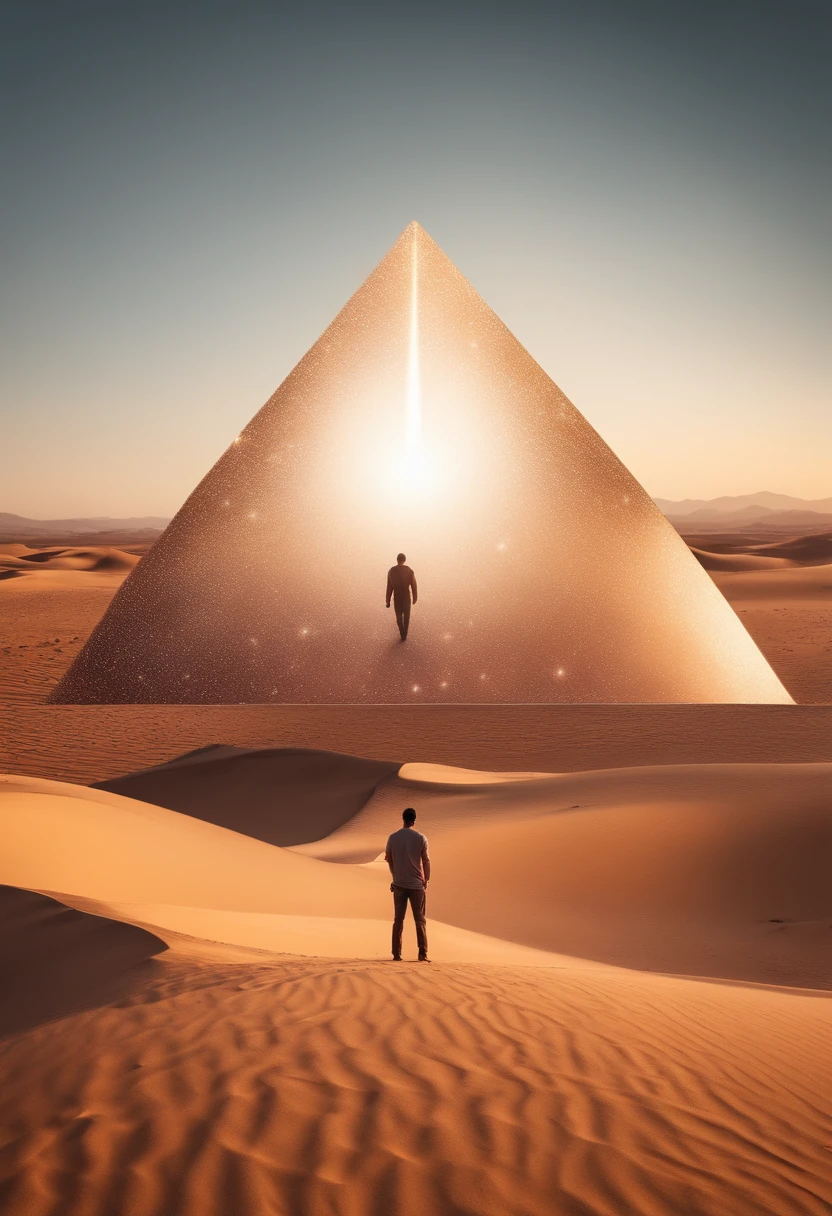 There is a man standing in the desert with a large object, cheio de vidro. CGSetnation, magical crystals, Ainda quadro de um filme, inspirado em Louis Mathieu Verdilhan, Album art for a trance DJ, A Fenda, triangle fragments, Cinematic lens flare, connectedness, [ Fragmentos, 4 dimensions