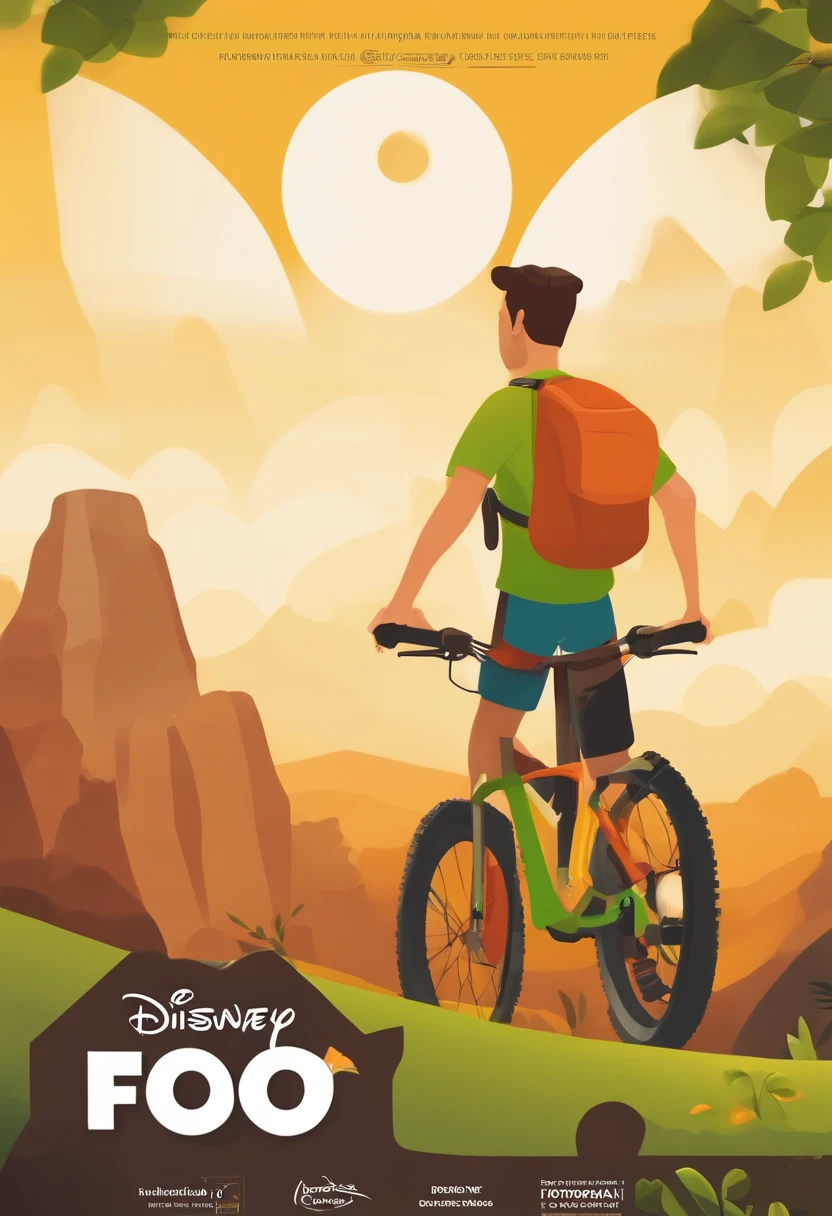 Make a Disney Pixar-inspired poster, with the title "FOTORUN". Featuring on the poster an image of a PROFESSIONAL PHOTOGRAPHER at a mountain bike competition. The photographer should be happy and wearing a lime green shirt. A cena deve estar no estilo da Pixar em arte digital, and the character with expressions, Vibrant colors and detailed textures that are characteristic of its animations.