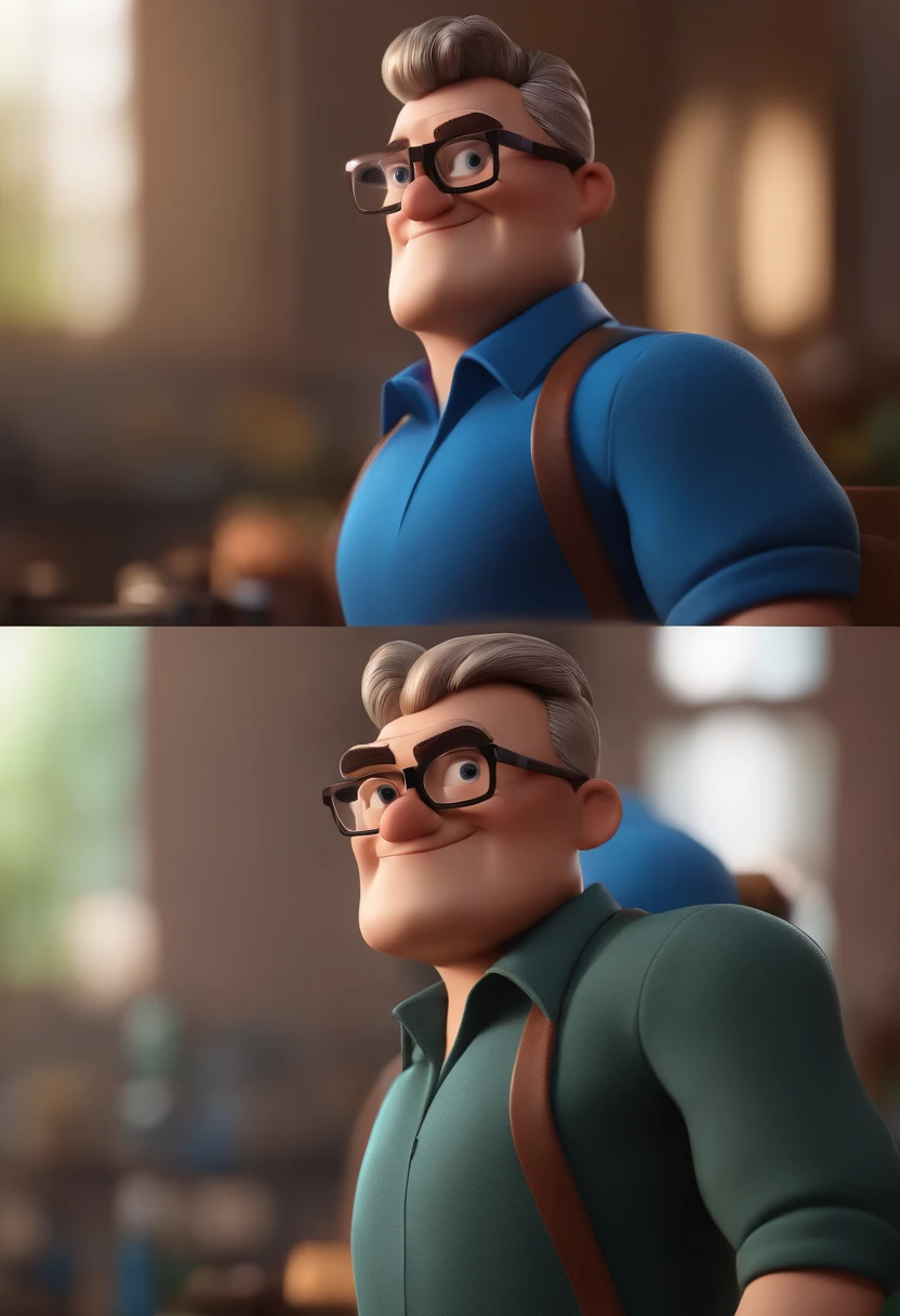 Cartoon character of a man with black glasses and a blue shirt, animation character, Caractere estilizado, animation style rendering, 3D estilizado, Arnold Maya render, 3 d render stylized, toon render keyshot, Personagem 3D, Personagem 3D, 3d rendering stylized, 3 d character render, personagem de desenho animado, Personagem de close up, Pose de personagem, (Estilo Pixar) (master part:1.2) (Bokeh) (best quality) (pele detalhada) (textura detalhada) (8k) (argila) (Cinematic lighting) (foco nítido