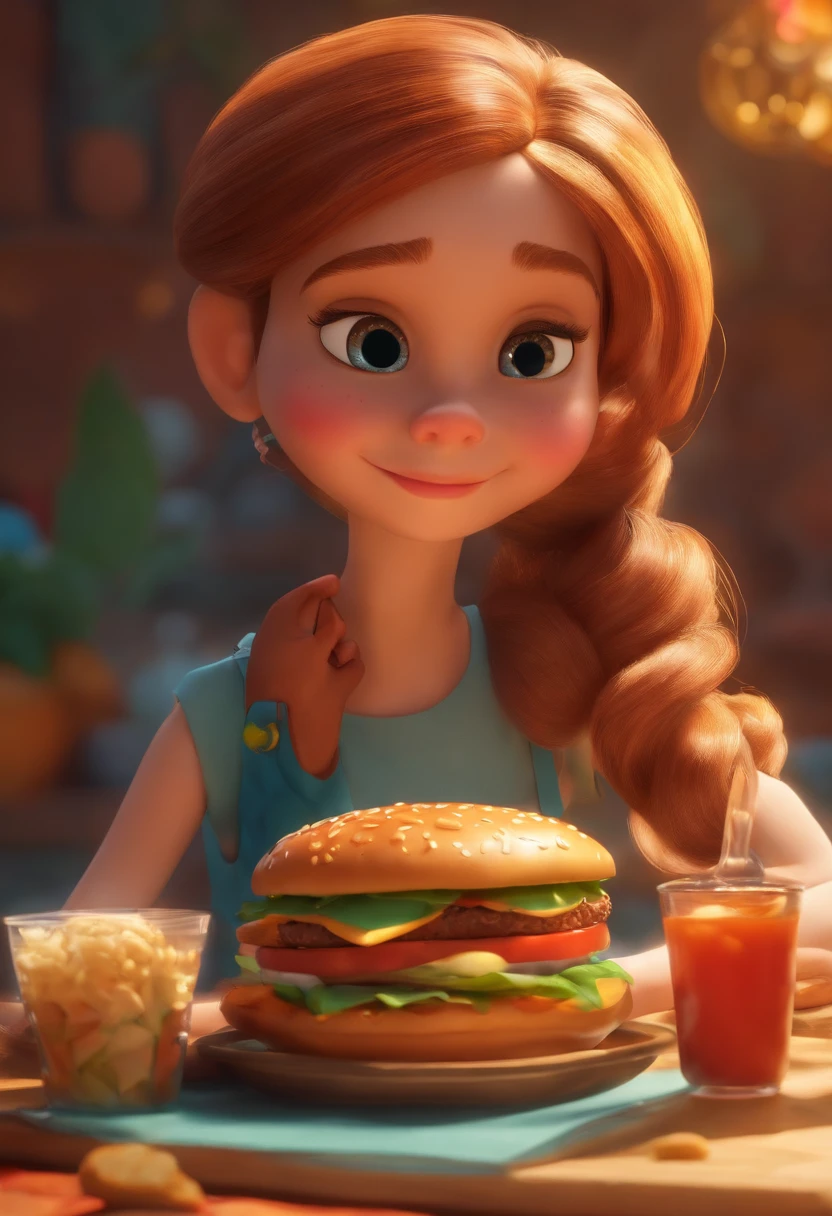 Make a Girl, She's hungry, como Disney Cartoon, She's eating hamburger, Pixar, ..3d, Disney