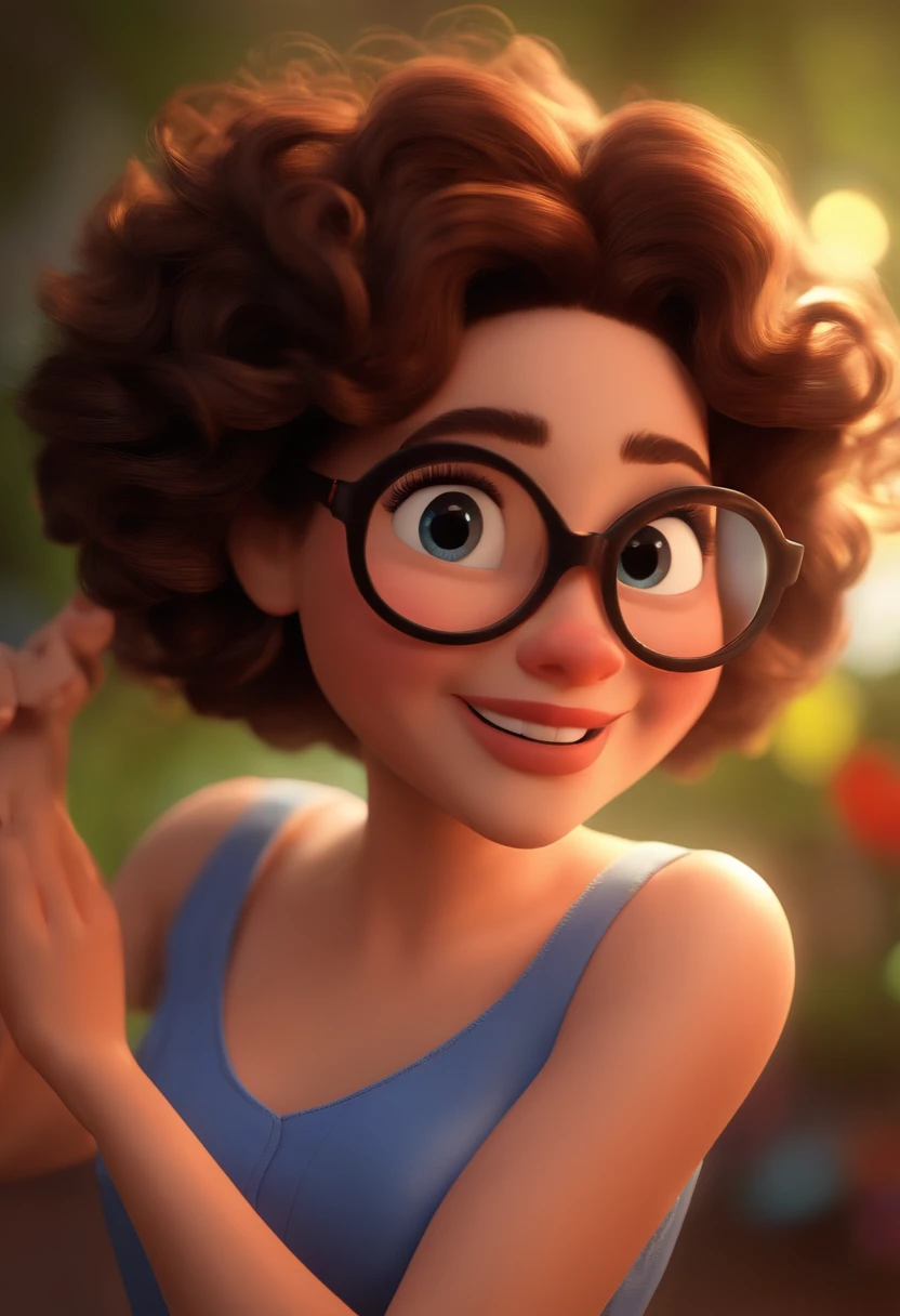 Pixar style image with 3D character white glasses brunette woman short curly hair dancing, Maquiagem Disney,Pescador, bonitinho, sorridente ,Close-up, Pixar, Disney, Cinema lighting,
