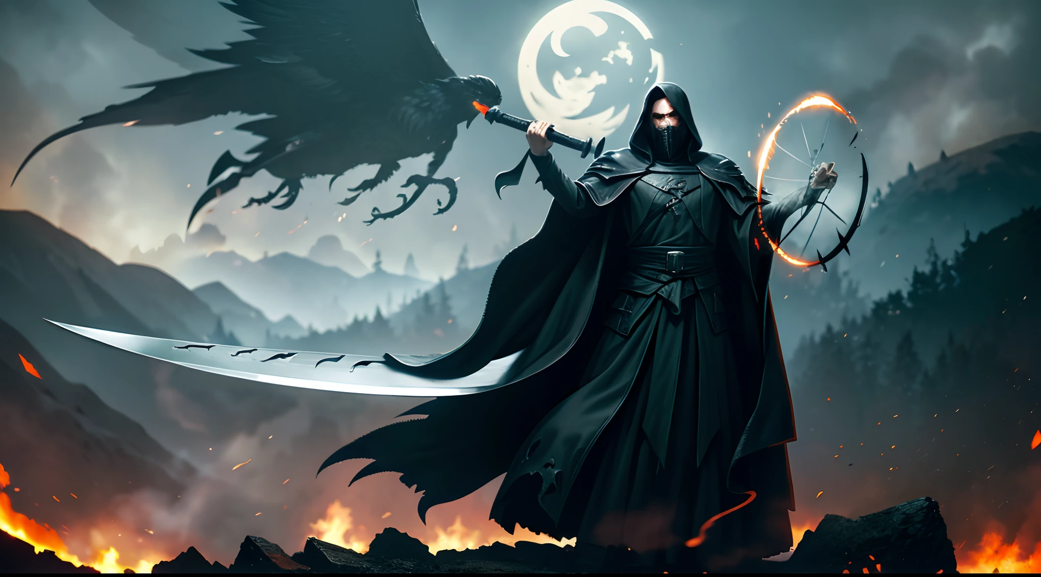 1 Male. Reaper cloak. Cloak is burned at the bottom. Face is half burned. Mouth covered by black metal. Holding scythe. Scythe is burned. Smoke coming from blade. Scythe blade is quarter moon shaped. Model is shown from foot to head. Black Phoenix sitting on shoulder. Burned Forrest in the background