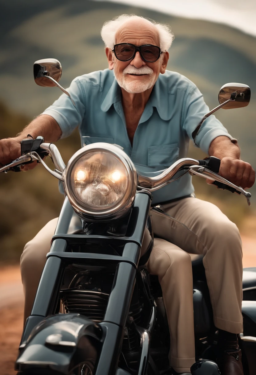 a 3D Disney Pixar poster of an elderly man with glasses, pilotando uma Harley Davidson 883 em uma viagem de moto. (altamente detalhado:1.2), Realistic depiction of a senior man with glasses, entusiasta do motociclismo, with great attention to facial expressions and wrinkles, cena com cores vibrantes, cabelo detalhado e bigode, Background with scenic landscapes and iconic landmarks, arte profissional, Capturing the joyful spirit of adventure and freedom, dynamic compositing, Beautiful lighting and shading, Capturing the essence of the open road.