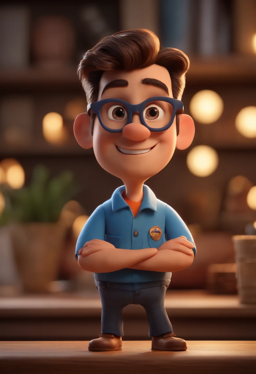 Cartoon character of a man wearing black glasses and a blue shirt, um personagem animado, Caractere estilizado, animation style rendering, 3D estilizado, Arnold Maya render, 3 d render stylized, toon render keyshot, Personagem 3D, Personagem 3D, 3d rendering stylized, 3 d character render, personagem de desenho animado, Personagem de close up, Pose de personagem, (Estilo Pixar) (master part:1.2) (Bokeh) (best quality) (pele detalhada) (textura detalhada) (8k) (argila) (Cinematic lighting) (foco nítido，Senta e vaza a parte superior do corpo