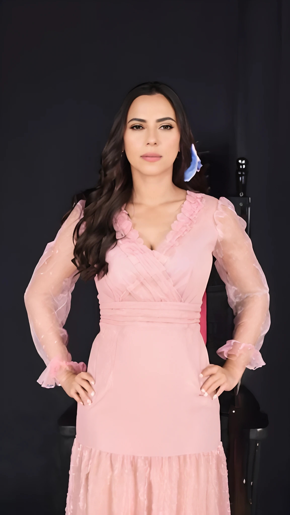 um close up de uma mulher em um vestido rosa posando para uma foto, Alanis Guillen, Lorena Avarez, julia fuentes, fernanda suarez, Karla Ortiz, Adriana DXIM, solid background, 1614572159, Directed by: Andrée Ruellan, Directed by: Emma Rios
