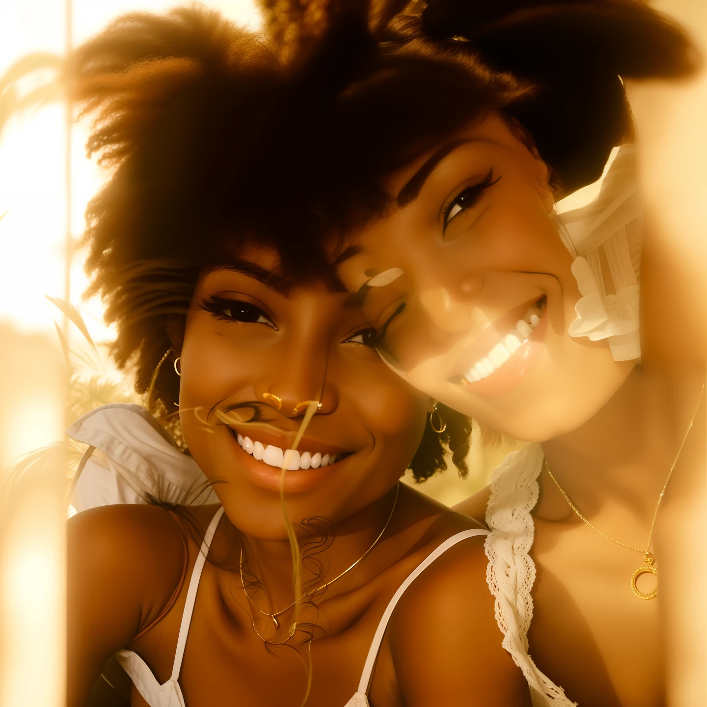 there are two women that are smiling for the camera, both smiling for the camera, 3 5 year brazilian mother, foto de perfil, Menina africana de pele clara, uma bela, Mulher de 30 anos de Cuba, foto de uma bela, Beautiful girls, Rostos bonitos, taken in the early 2020s, uma linda, belos arredores